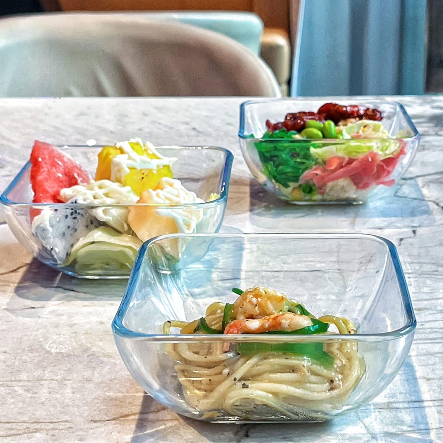 Juego de platos de postre y cuencos de vidrio templado para ensalada, incluye cuenco cuadrado de 5 pulgadas y plato cuadrado de 7 pulgadas, ideal