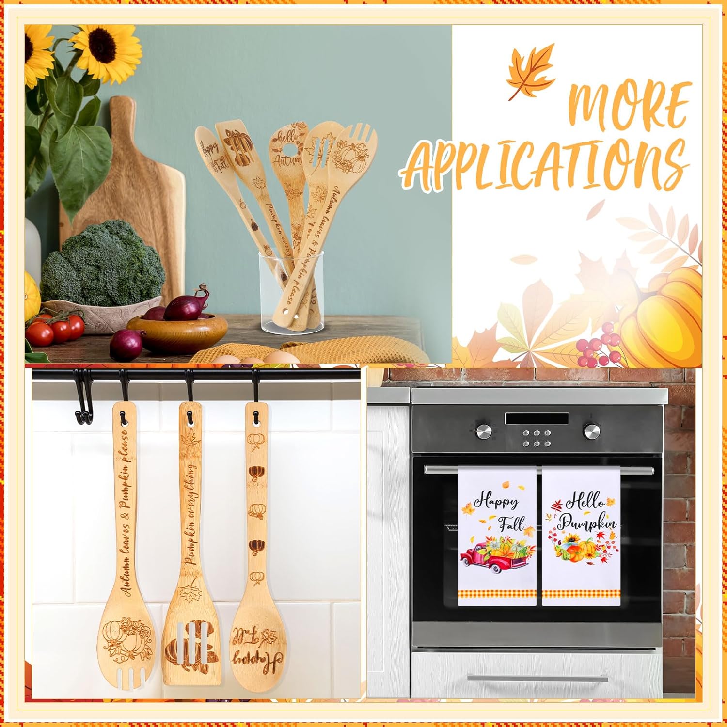 Juego de decoración de cocina de otoño de 7 piezas, incluye 2 toallas de cocina de otoño divertidas y 5 cucharas de madera, utensilios de bambú,