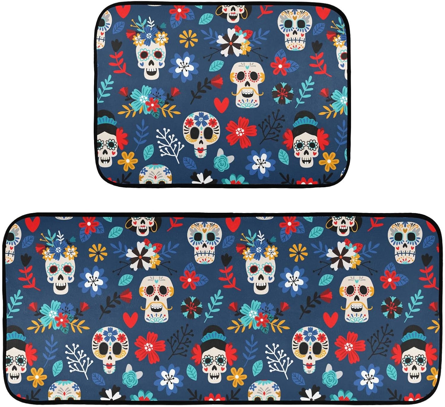 Exnundod Tapetes de cocina con diseño de calaveras mexicanas, diseño de calaveras de flores, alfombra de corredor lavable antideslizante con parte