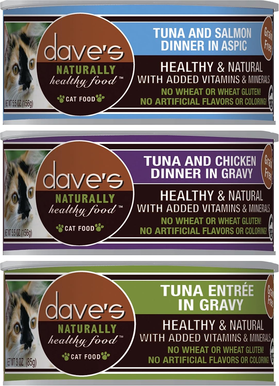 Dave’s Pet Food – Paquete variado de alimentos para gatos sin granos (4) atún y salmón en Aspic, (4) atún en salsa y (4) atún y pollo en salsa (12