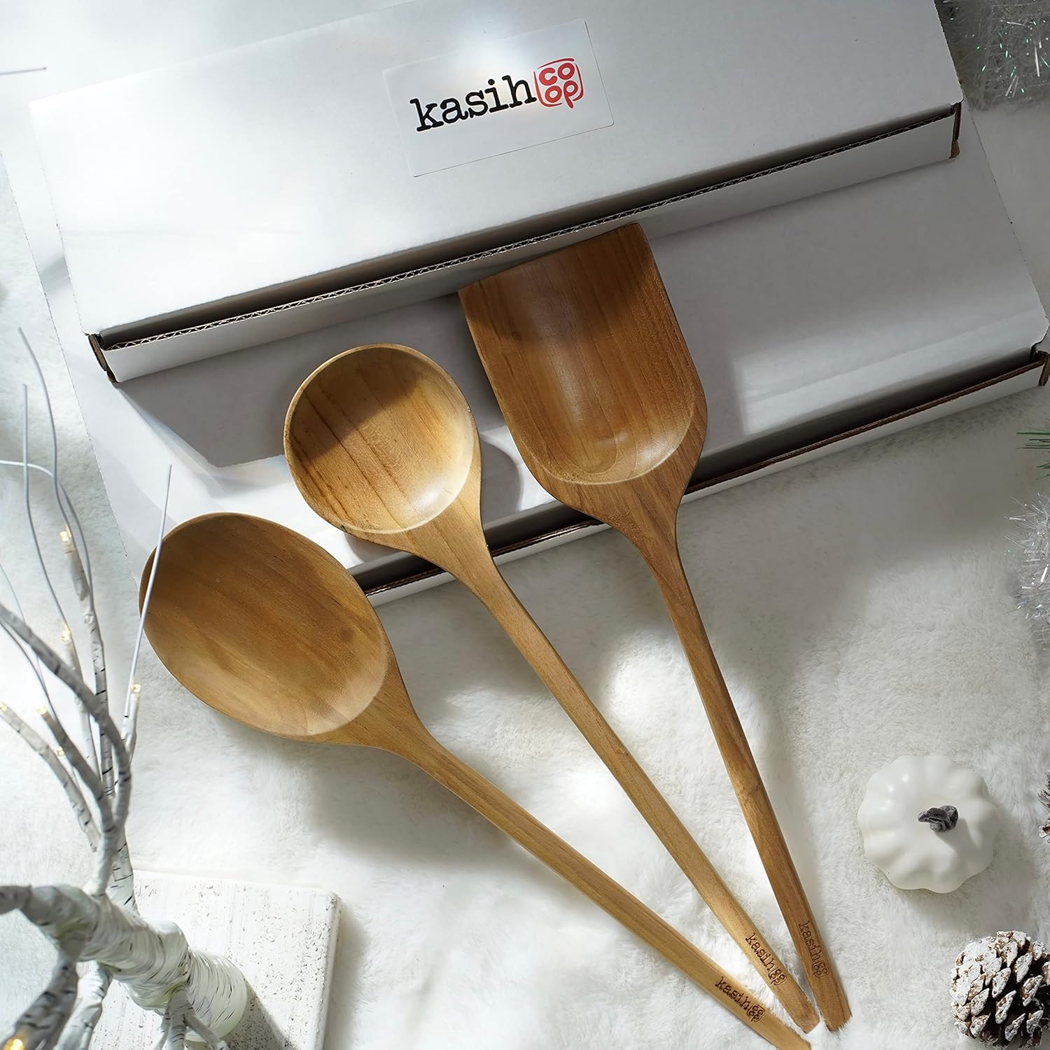 Juego de 3 utensilios de cocina de madera de teca de 14 pulgadas (dos cucharas y una espátula)