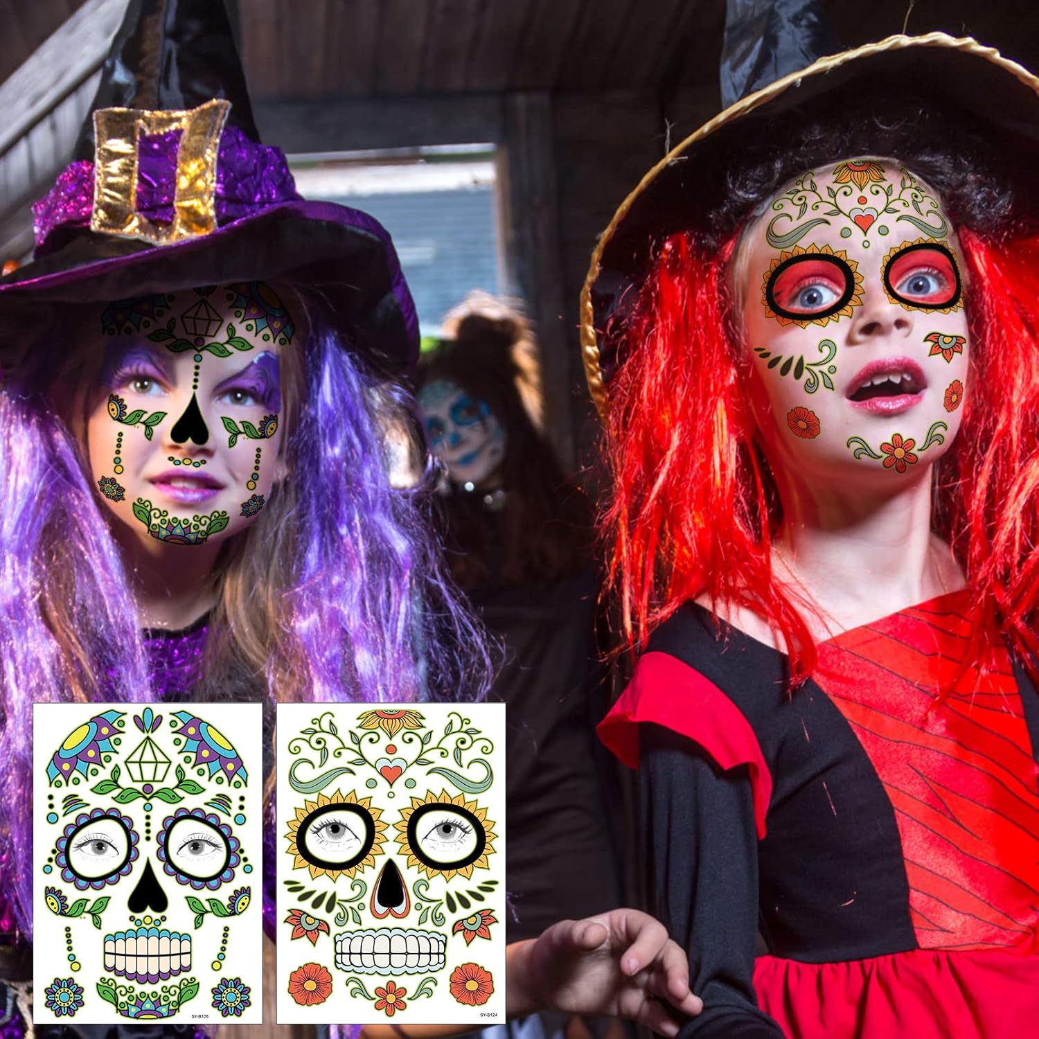 Kit de maquillaje de tatuajes de cara del día de los muertos, paquete de 10 tatuajes temporales de calavera de azúcar de Halloween para adultos,