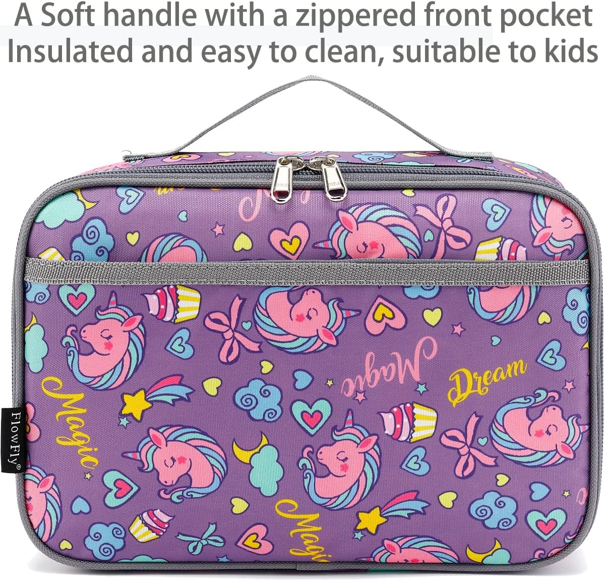 FlowFly – FlowFly – Lonchera térmica para niños, minihielera suave para el regreso a clases, lonchera para niñas, niños, unicornio morado