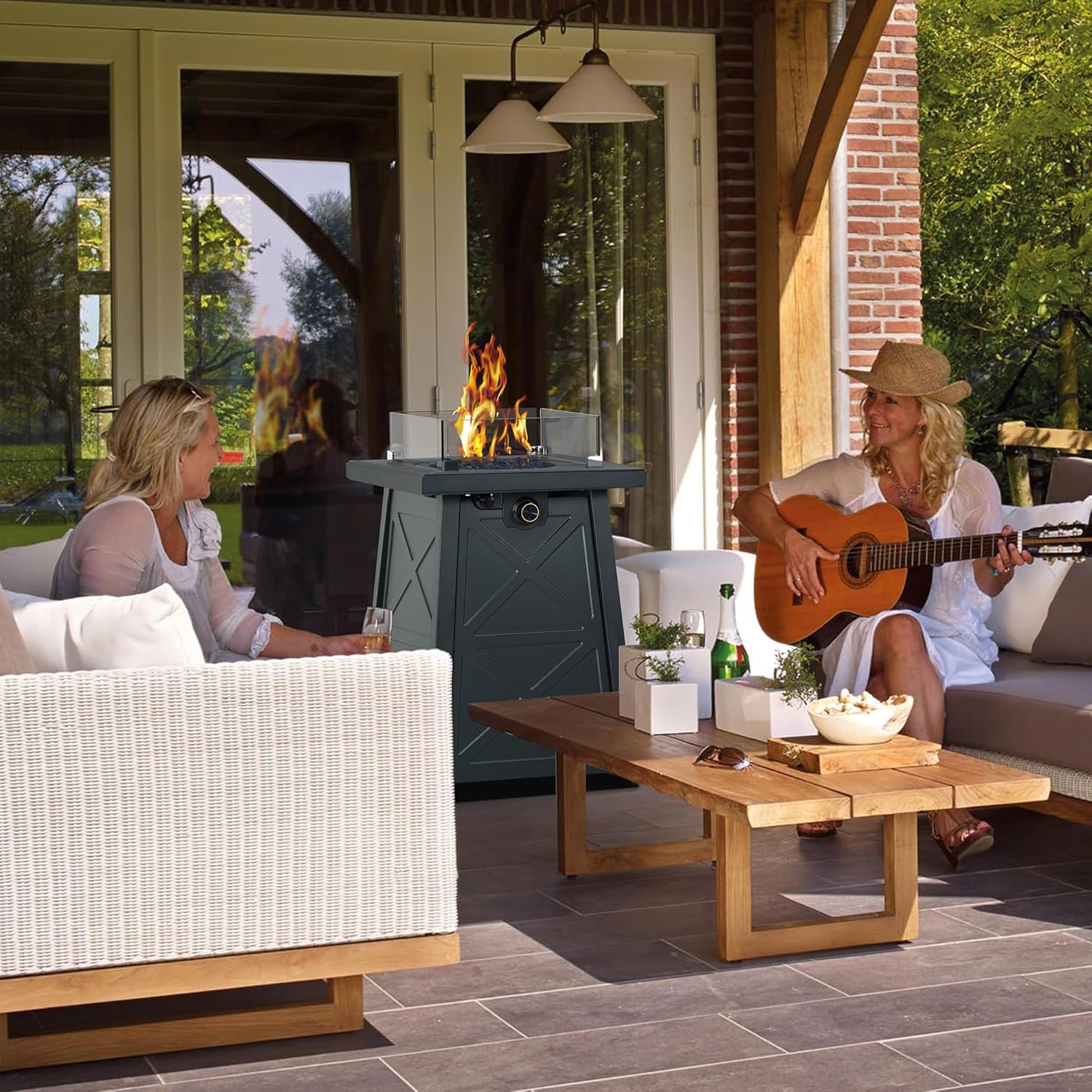 Mesa de fuego de acero de 19.5 pulgadas, hoguera de gas para exteriores de 40,000 BTU, diseño moderno, columna de propano para patio, chimenea con