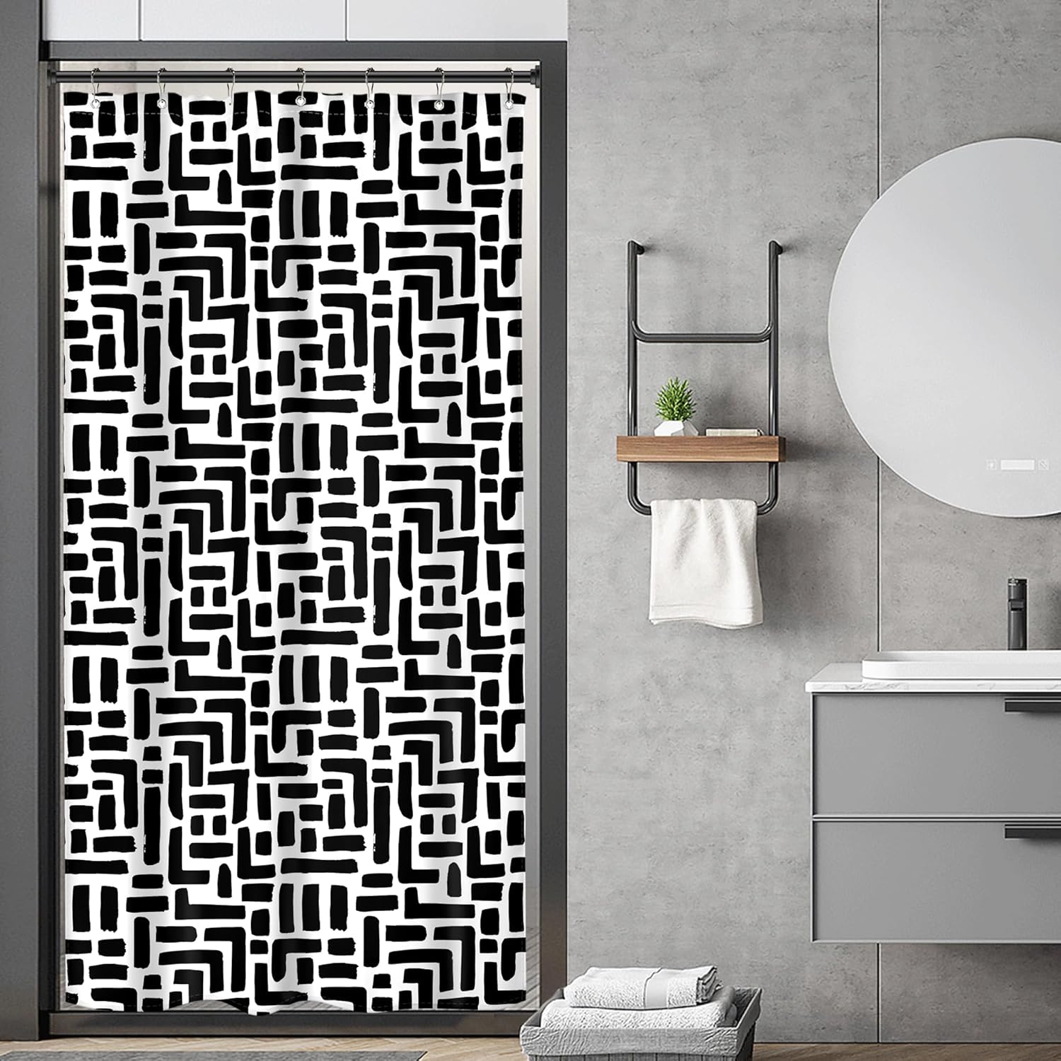 Riyidecor Cortina de ducha abstracta en blanco y negro, bohemio, bohemio, moderno, minimalista, geométrico, 36 pulgadas de ancho x 72 pulgadas de