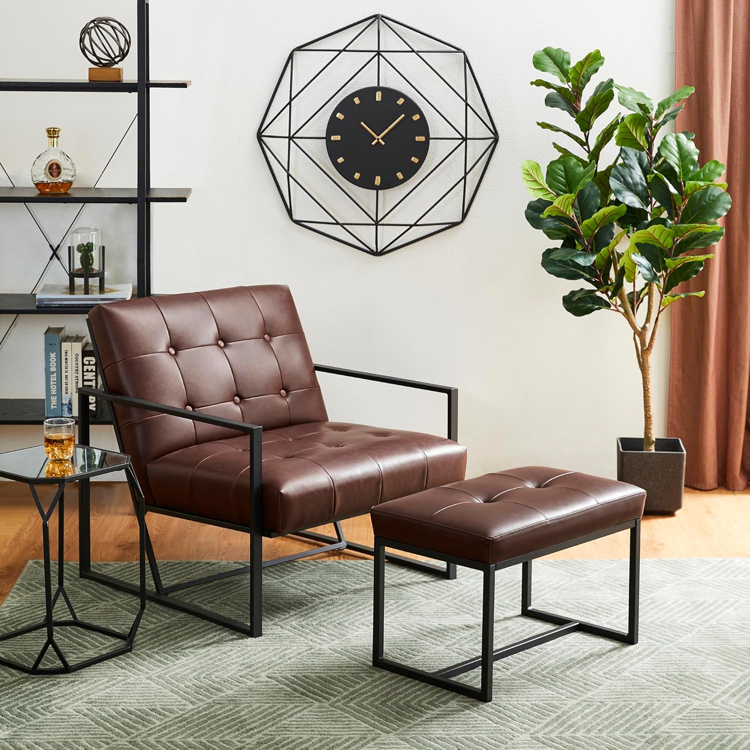 glitzhome Banco otomano, moderno taburete de tocador de piel sintética con marco de metal, taburete de maquillaje, taburete acolchado para