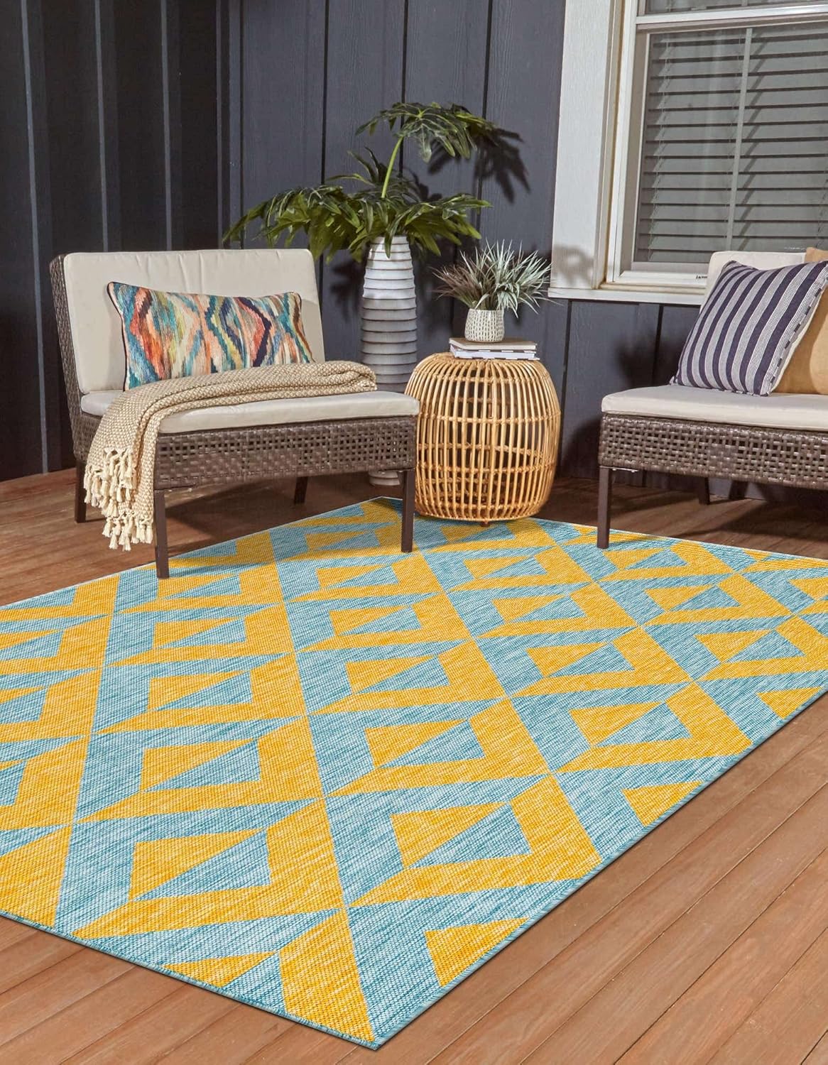 Unique Loom Unique Loom Outdoor Collection – Alfombra rectangular de 9 x 12 pies, color amarillo y aguamarinaamarillo