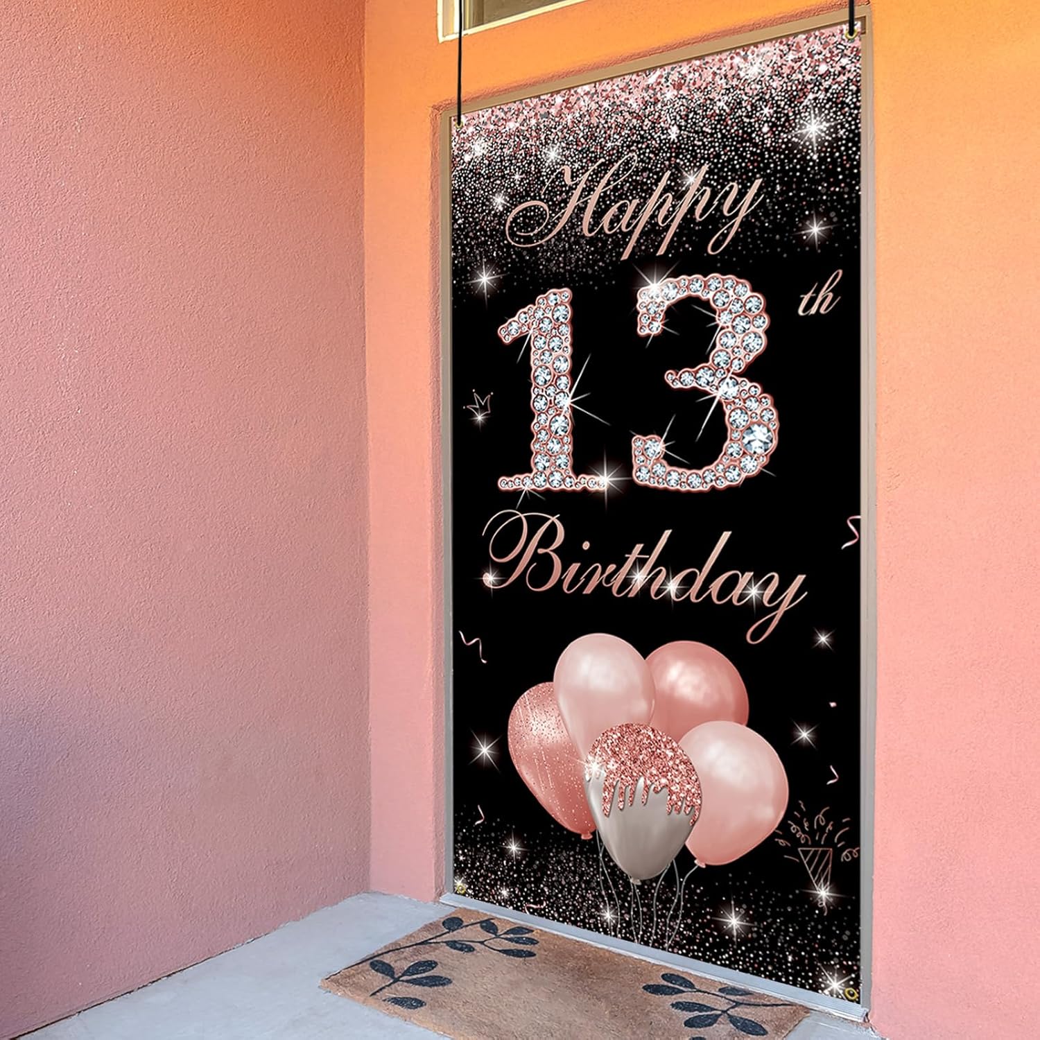 Cartel de telón de fondo para puerta de cumpleaños número 13, color oro rosa, decoración de feliz cumpleaños número 13 para niñas, cartel de tela