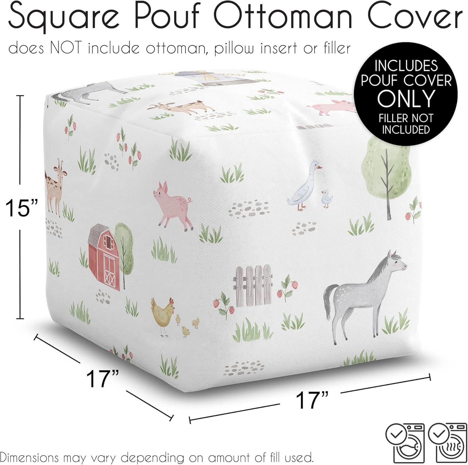 Sweet Jojo Designs Animales de granja Niño Niña Otomano Funda Puf Cubierta Sin Relleno Poof Piso Taburete Cuadrado Cubo Puf Almacenamiento Bebé