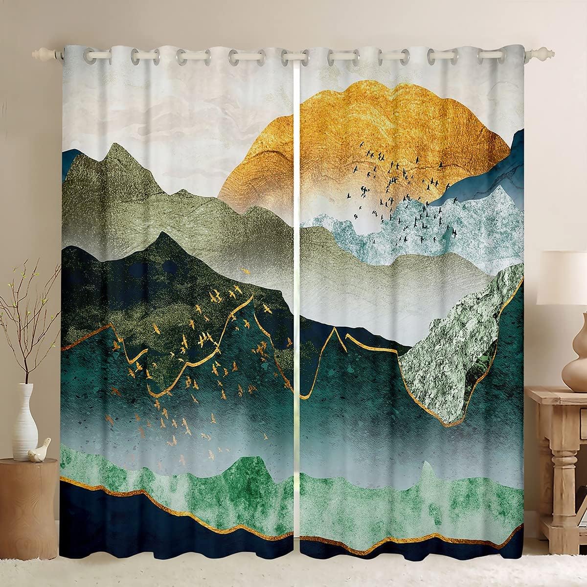 Cortinas japonesas Ukiyoe para ventana para dormitorio, sala de estar, cortinas con patrón Hokusai para niños, niñas, acuarela, sol, montaña,