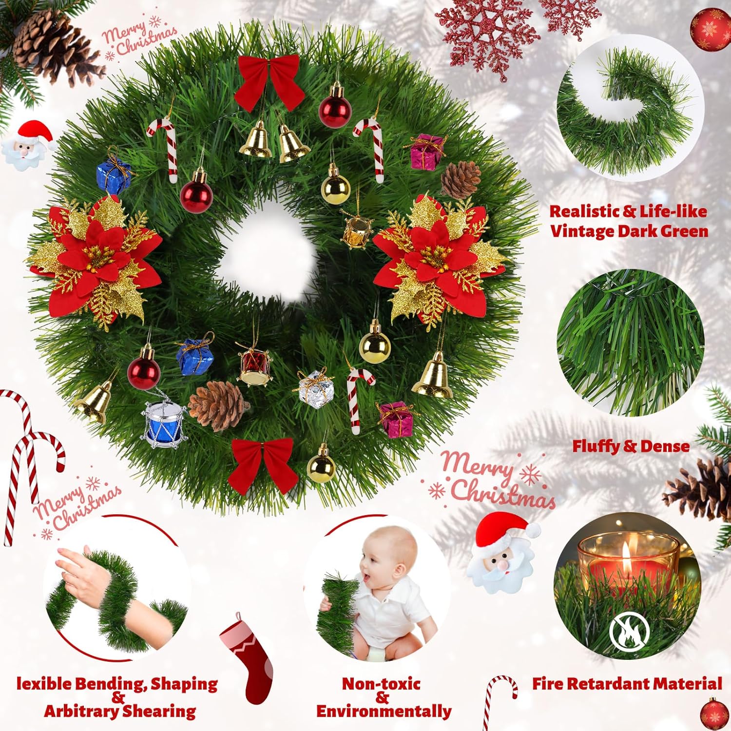 Paquete de 5 guirnaldas de Navidad de 250 pies para Navidad y no iluminadas, decoración de vacaciones suave para interiores y exteriores, guirnalda