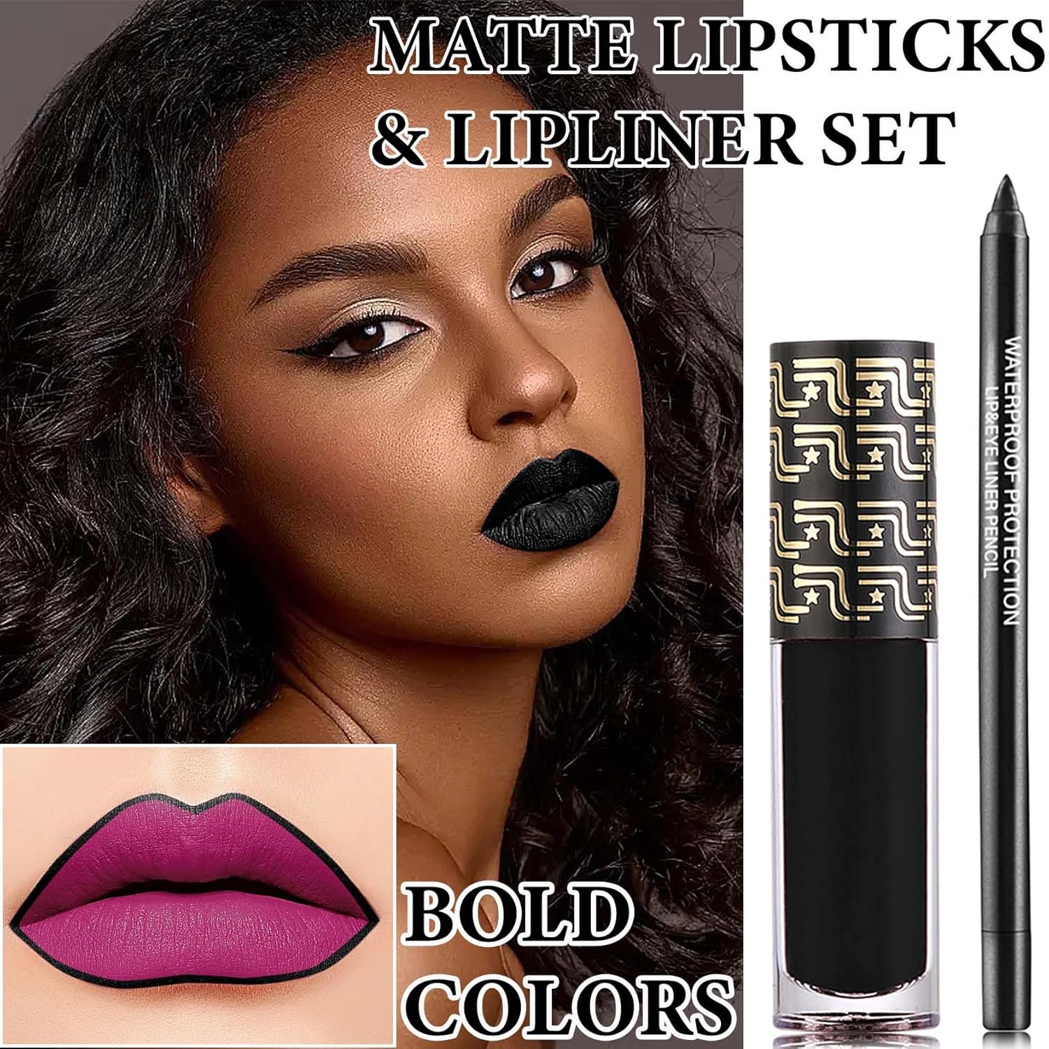 Juego de 2 delineadores de labios y lápiz labial, kit de brillo de labios de terciopelo pigmentado, juego de delineadores de labios negro mate,