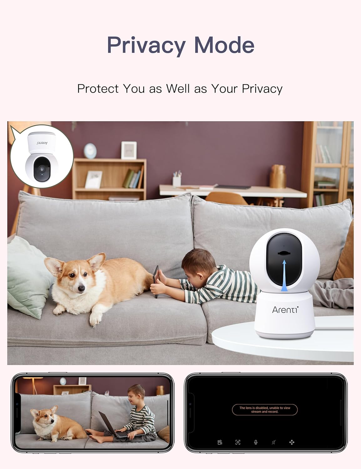 ARENTI Cámara de seguridad WiFi de 4MP enchufable para interiores, 3 unids 2.4 GHz y 5 GHz, cámara de seguridad WiFi para interiores, cámara para