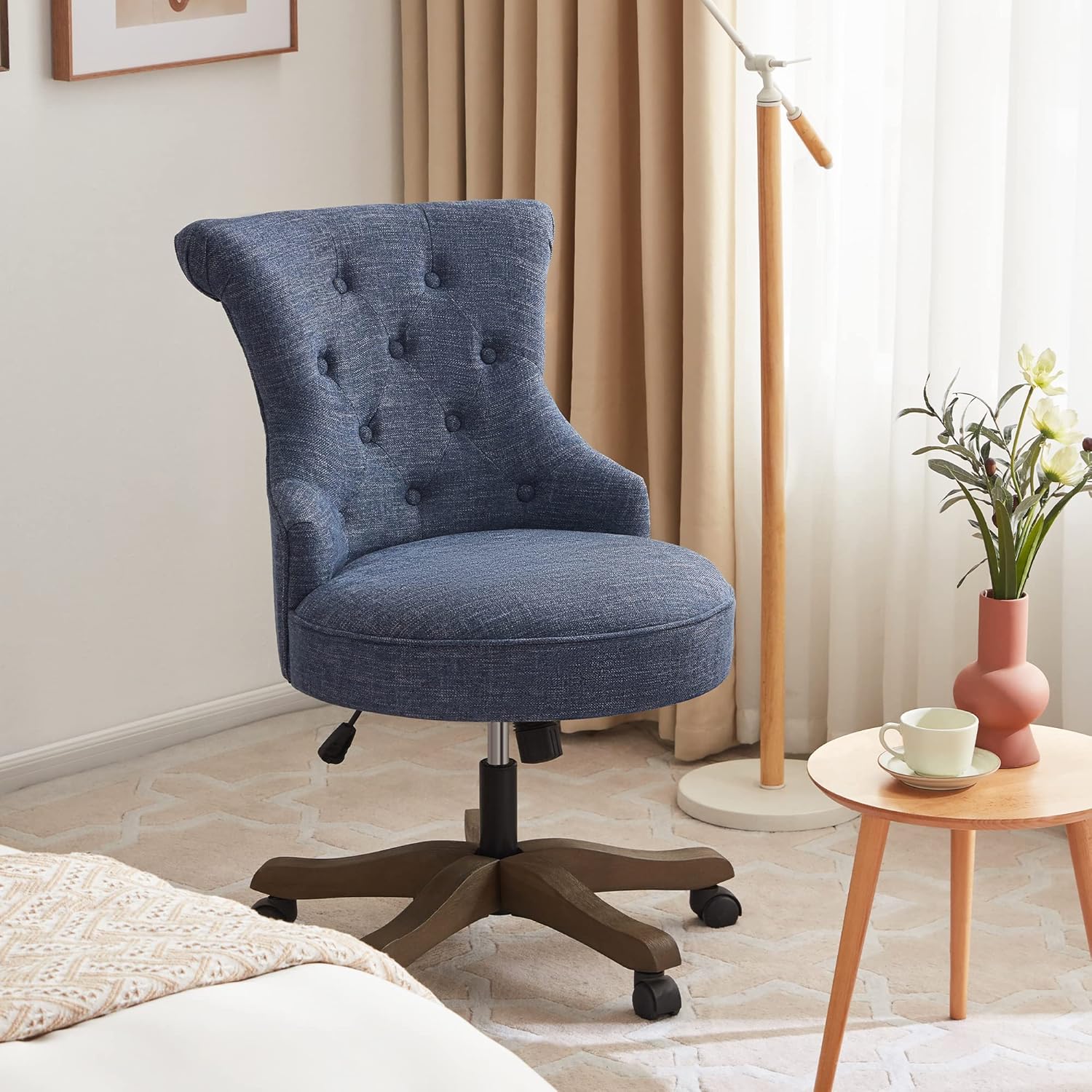Home Office Chair Adjustable Height Swivel Chair with Wheels Linen Fabric Upholstered Computer Desk Chair with Wooden Legs Comfortable Armless Chair