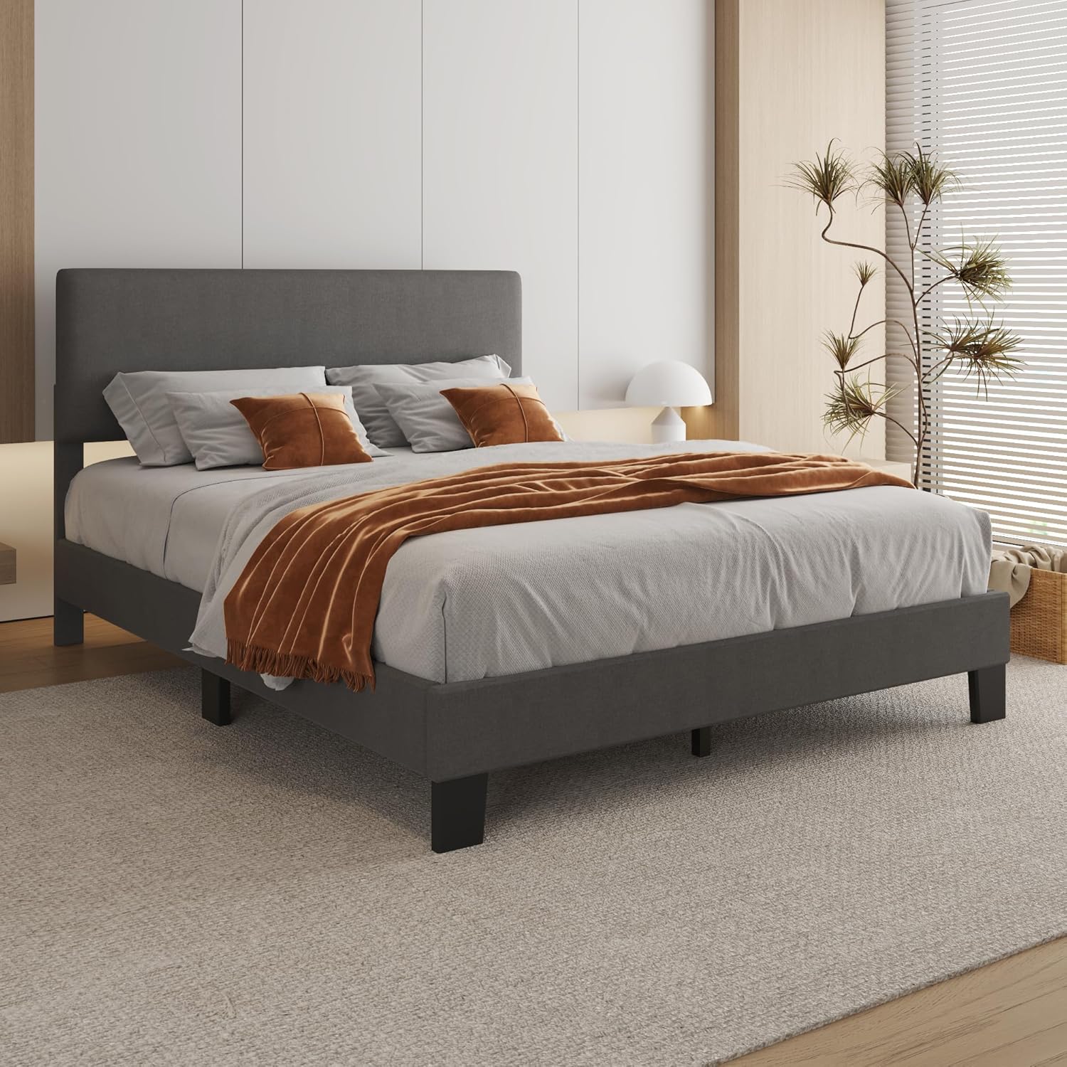 Lifezone Base de cama Queen con cabecero, marco de cama tapizado de lino con soporte de listones de madera, no necesita somier, pies resistentes,