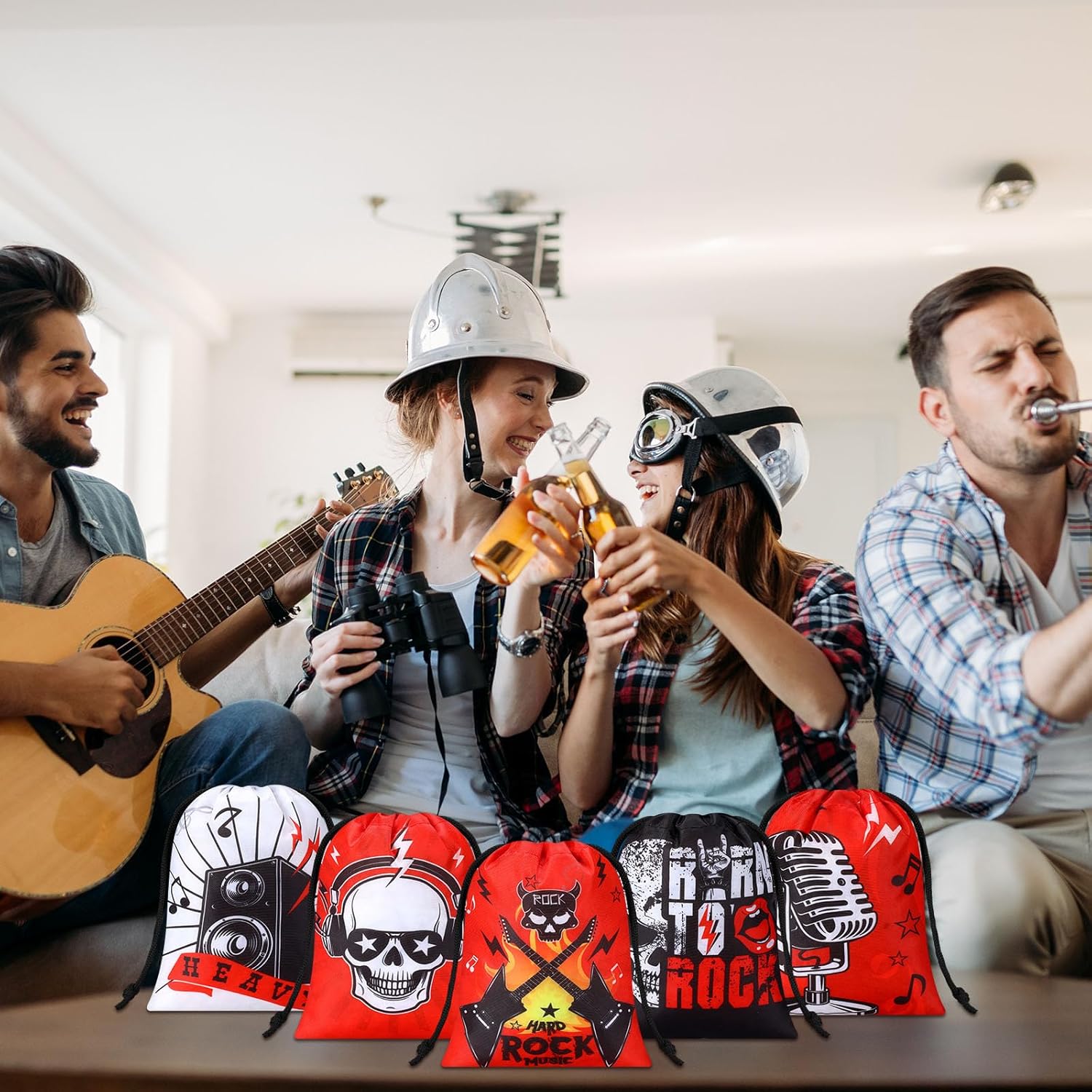 Honoson 24 bolsas con cordón para recuerdos de fiesta de rock and roll, con temática musical, guitarra, caramelos, golosinas, reutilizables, para