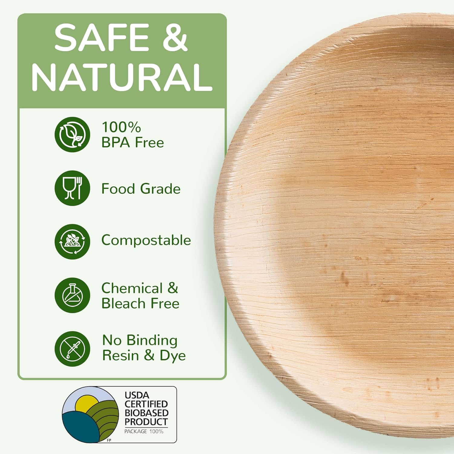 TCC – Platos llanos grandes de hoja de palma de 10 pulgadas, 50 piezas, 1 pulgada de profundidad, redondos, estilo bambú y madera, biodegradables,