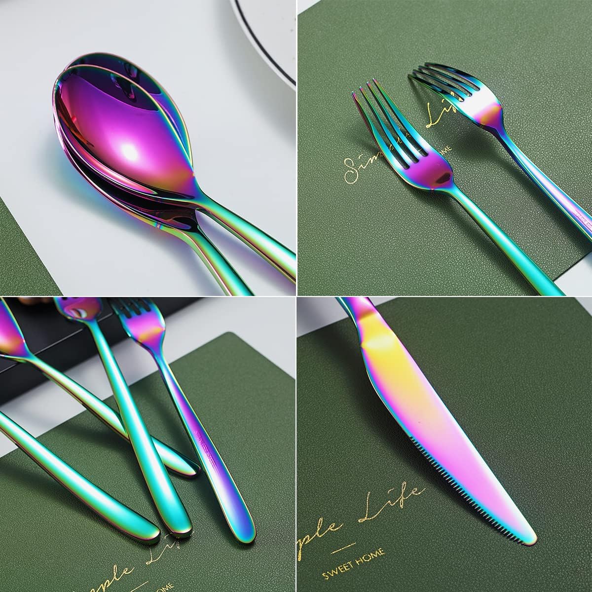 HOMQUEN Juego de cubiertos arcoíris de 40 piezas, juego de cubiertos de arcoíris para 8, juego de cubiertos de acero inoxidable para cocina,