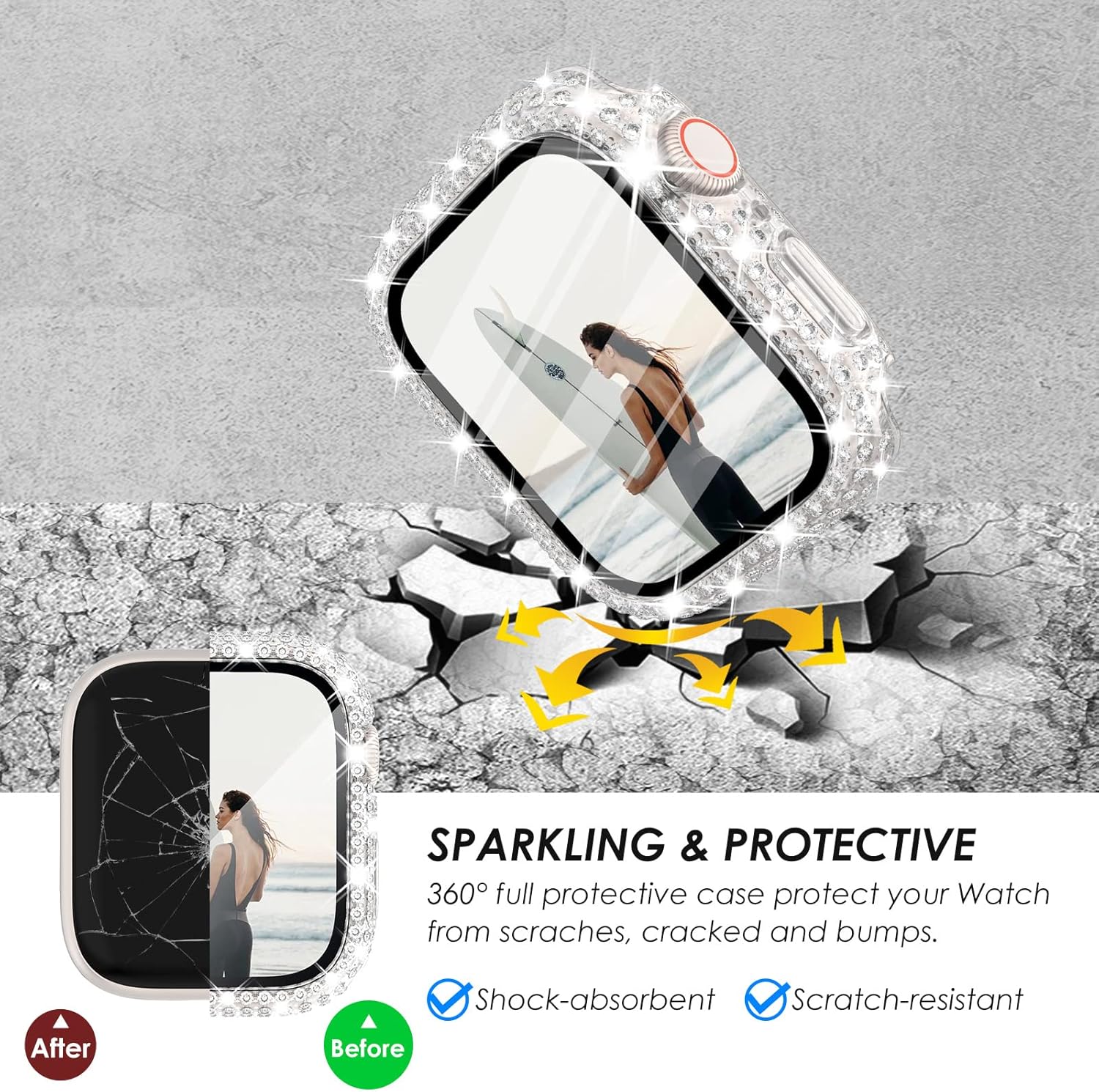 NewWays Paquete de 2 fundas impermeables 2 en 1 para Apple Watch Series 8 y Series 7 de 1.614 in, protector de pantalla con diamantes de imitación