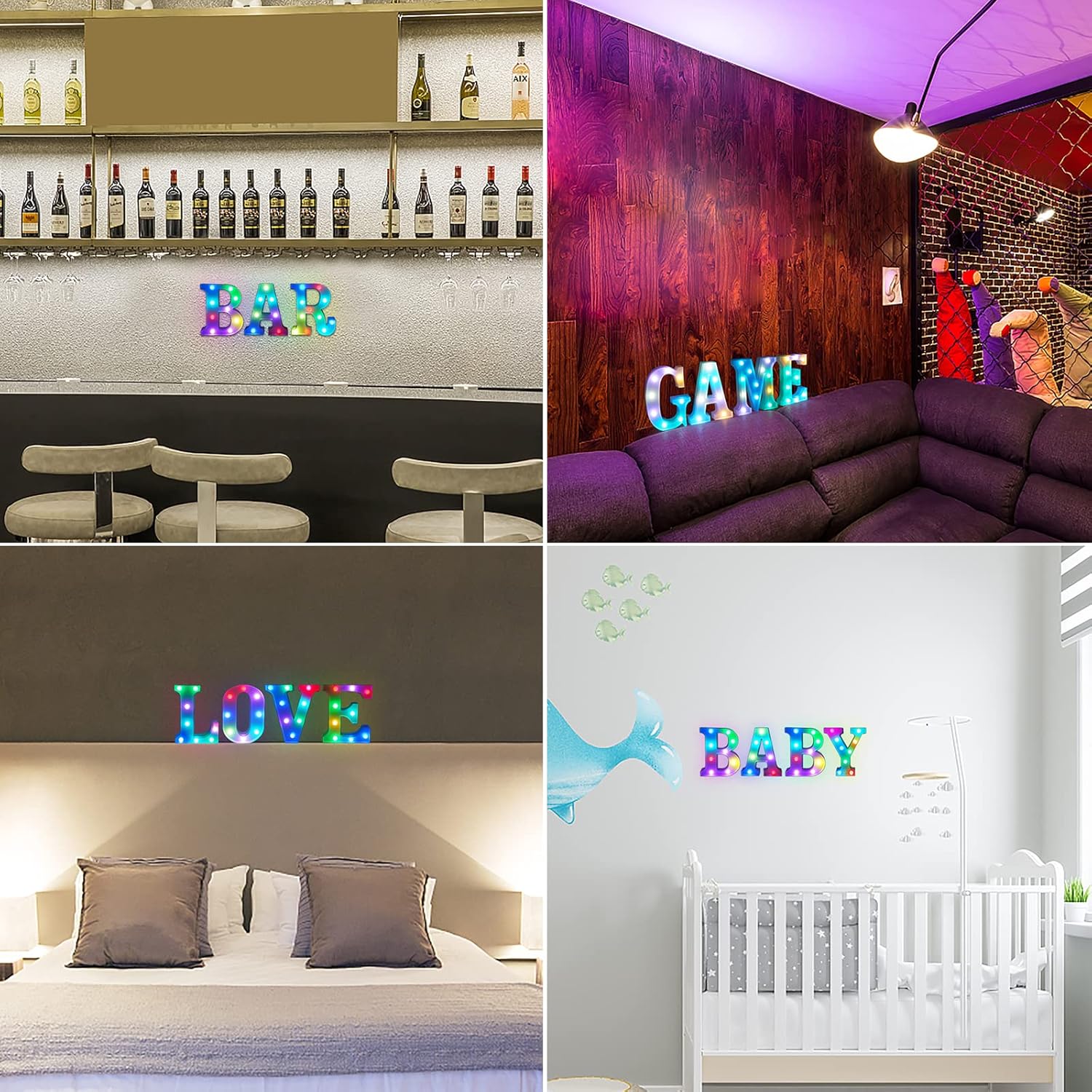 Luces LED de letra, 16 colores cambiantes, luces LED de marquesina, luces nocturnas regulables para bodas, cumpleaños, vacaciones, fiestas, bares,
