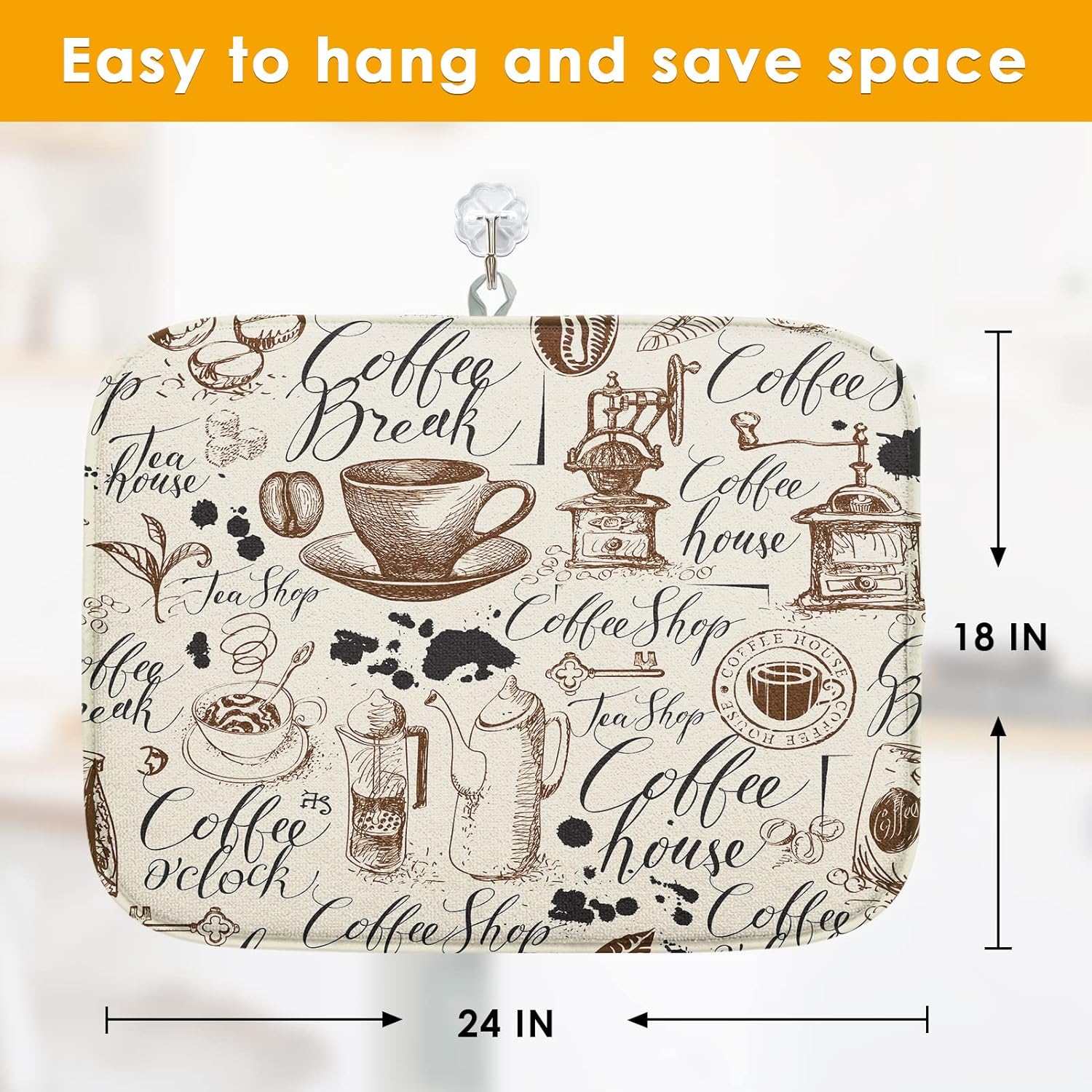 Tapete absorbente para secar platos, Coffee House Blobs Inscriptions, almohadilla de microfibra adecuada para encimera de cocina, decoración de