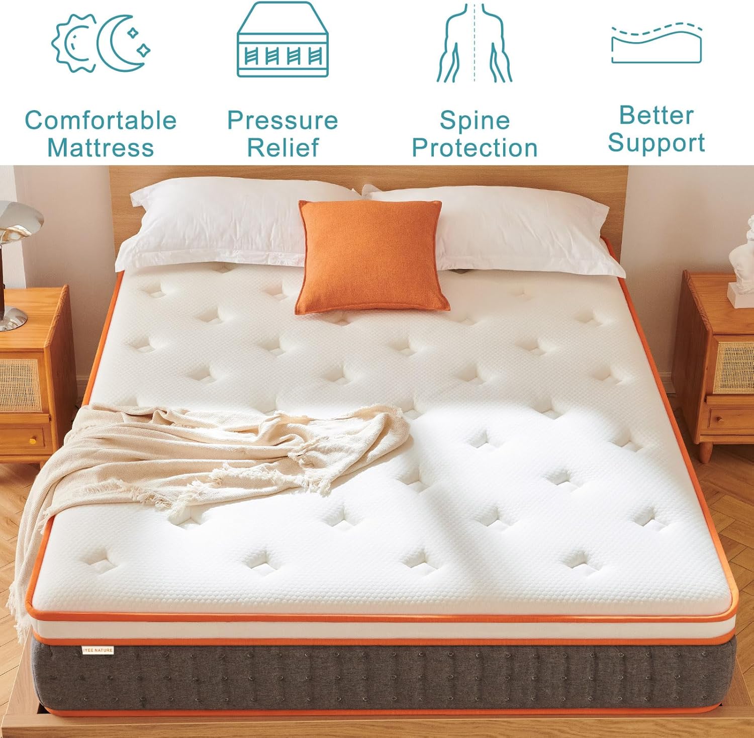 IYEE NATURE Colchón firme tamaño King, colchón híbrido de 12 pulgadas, resortes individuales en bolsillo, cama King dura en una caja, naranja