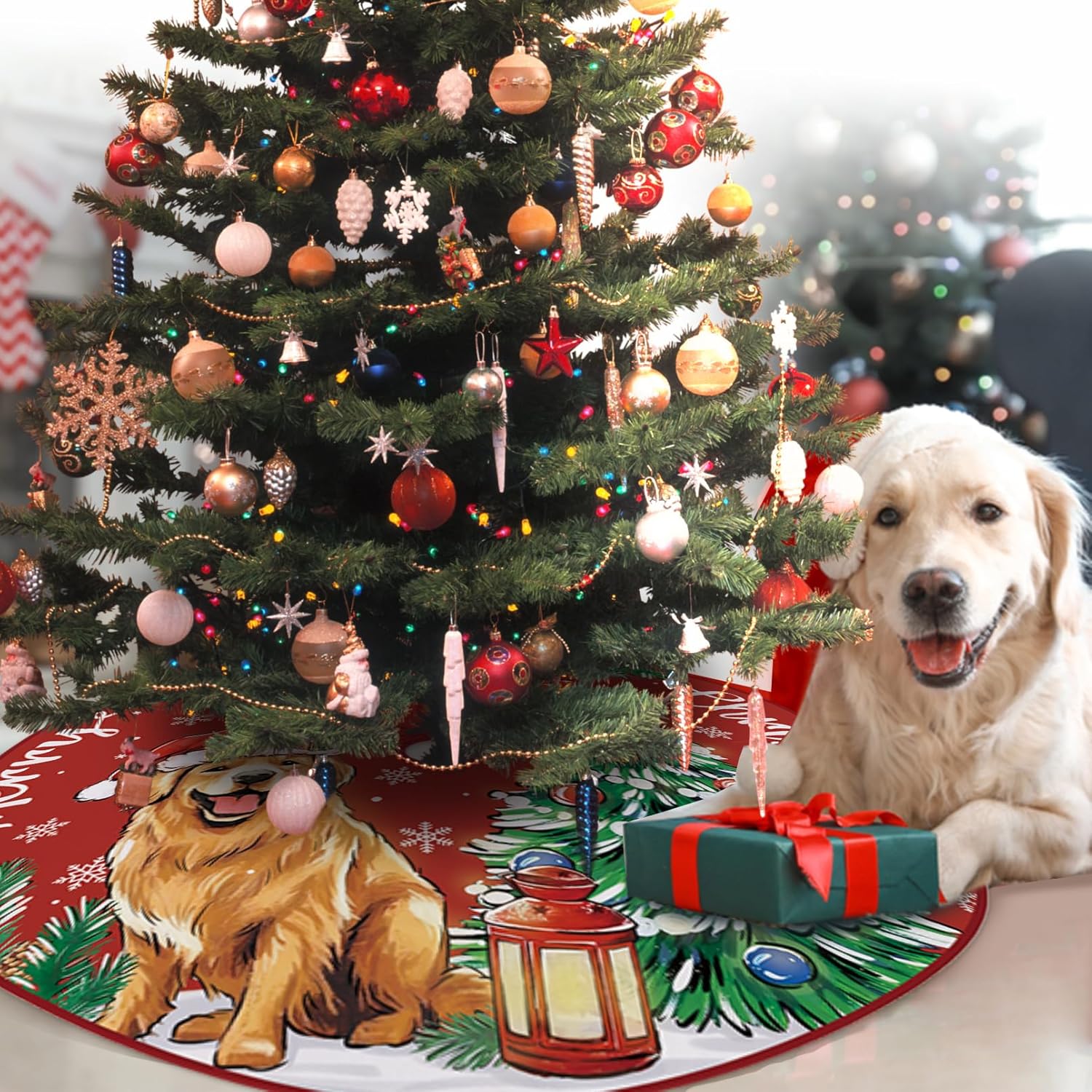 Feliz Navidad Golden Retriever – Falda de árbol de perro de 36 pulgadas con cordones, sombrero de Papá Noel, falda de árbol de Navidad roja