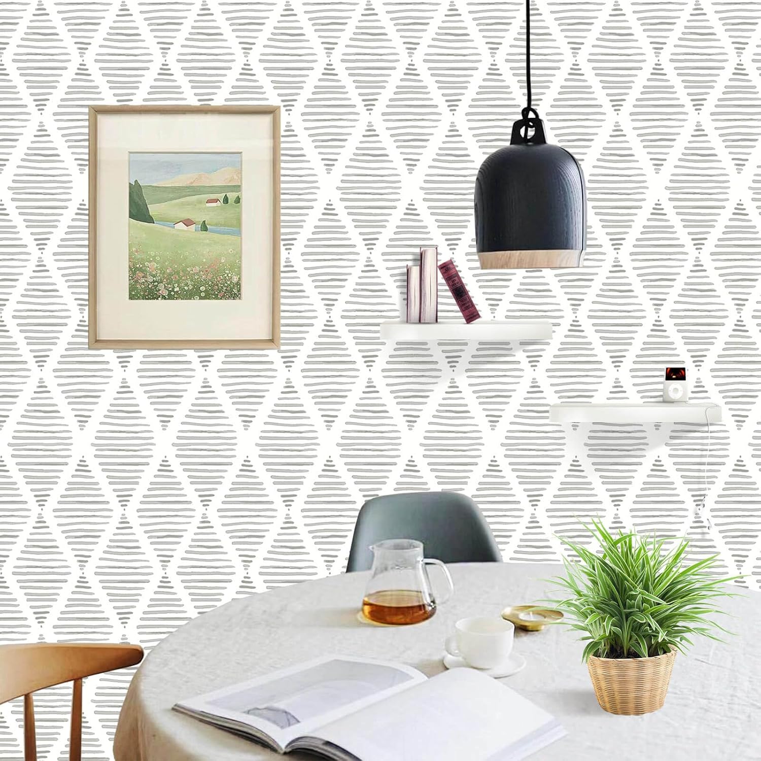 Papel tapiz blanco y gris plateado de 17.7 x 300 pulgadas, papel de contacto moderno a rayas, papel de pared de rombos, papel de vinilo para