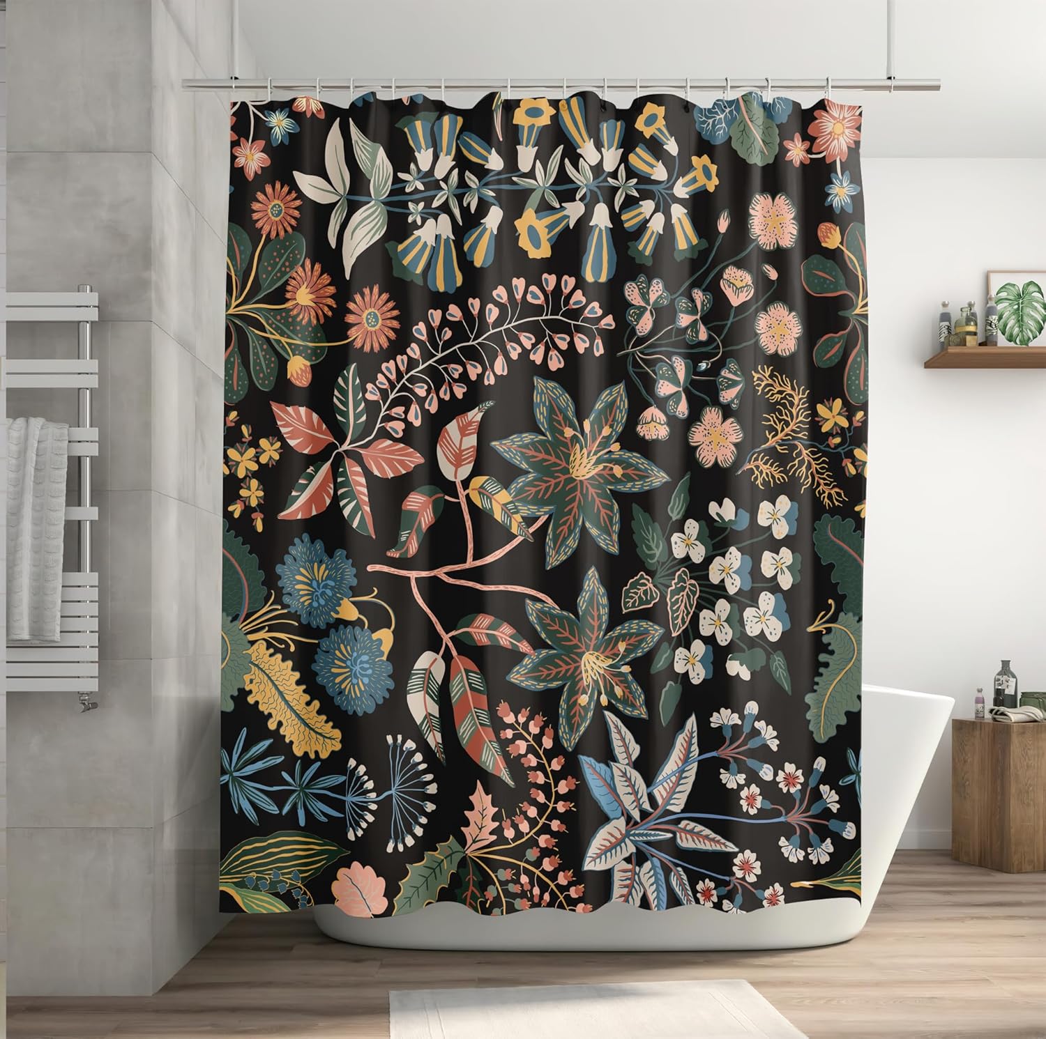 Cortina de ducha bohemia con flores silvestres, cortina de ducha impermeable de tela con 12 ganchos, 72 x 72 pulgadas