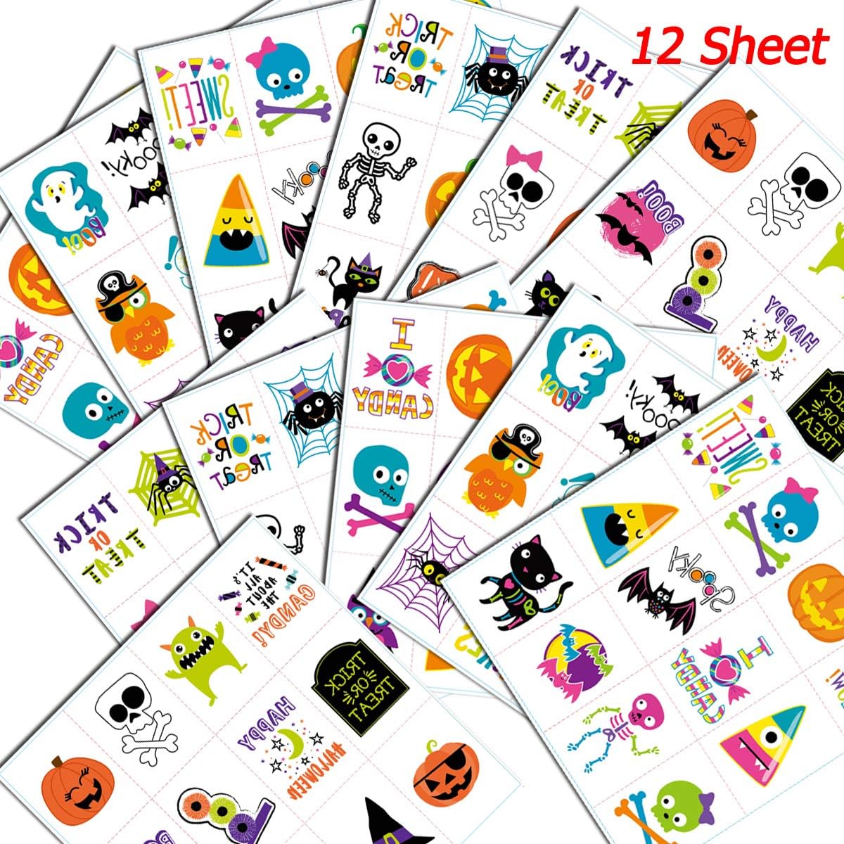 144 piezas de tatuaje temporal de Halloween, calcomanías impermeables de tatuajes de calabaza para niños, recuerdos de fiesta de niños, 72 patrones