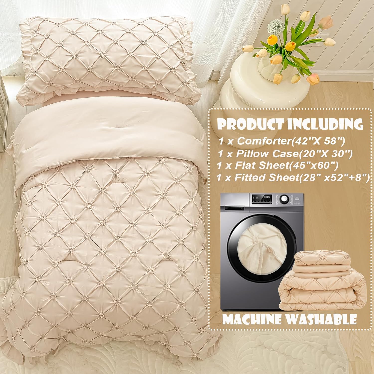 Juego de ropa de cama para niñas pequeñas de 4 piezas, color beige, plisado, con volantes, flecos, juego de sábanas para cuna, juego de sábanas para