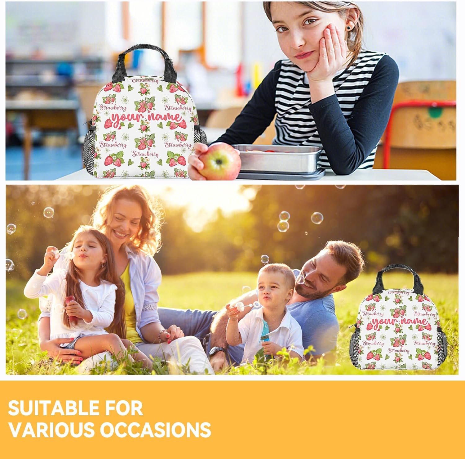 Lonchera personalizada de fresa para niños, pequeñas bolsas de almuerzo aisladas, bonita lonchera reutilizable para niñas, bolsas de almuerzo