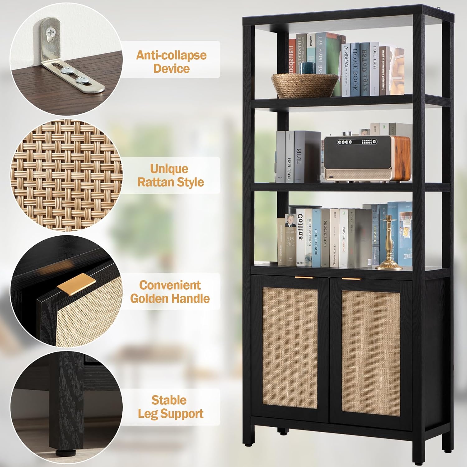 SICOTAS – Estantería de ratán alta estilo bohemio con puertas y 5 niveles, estante de madera grande estilo casa de campo, para sala de estar,
