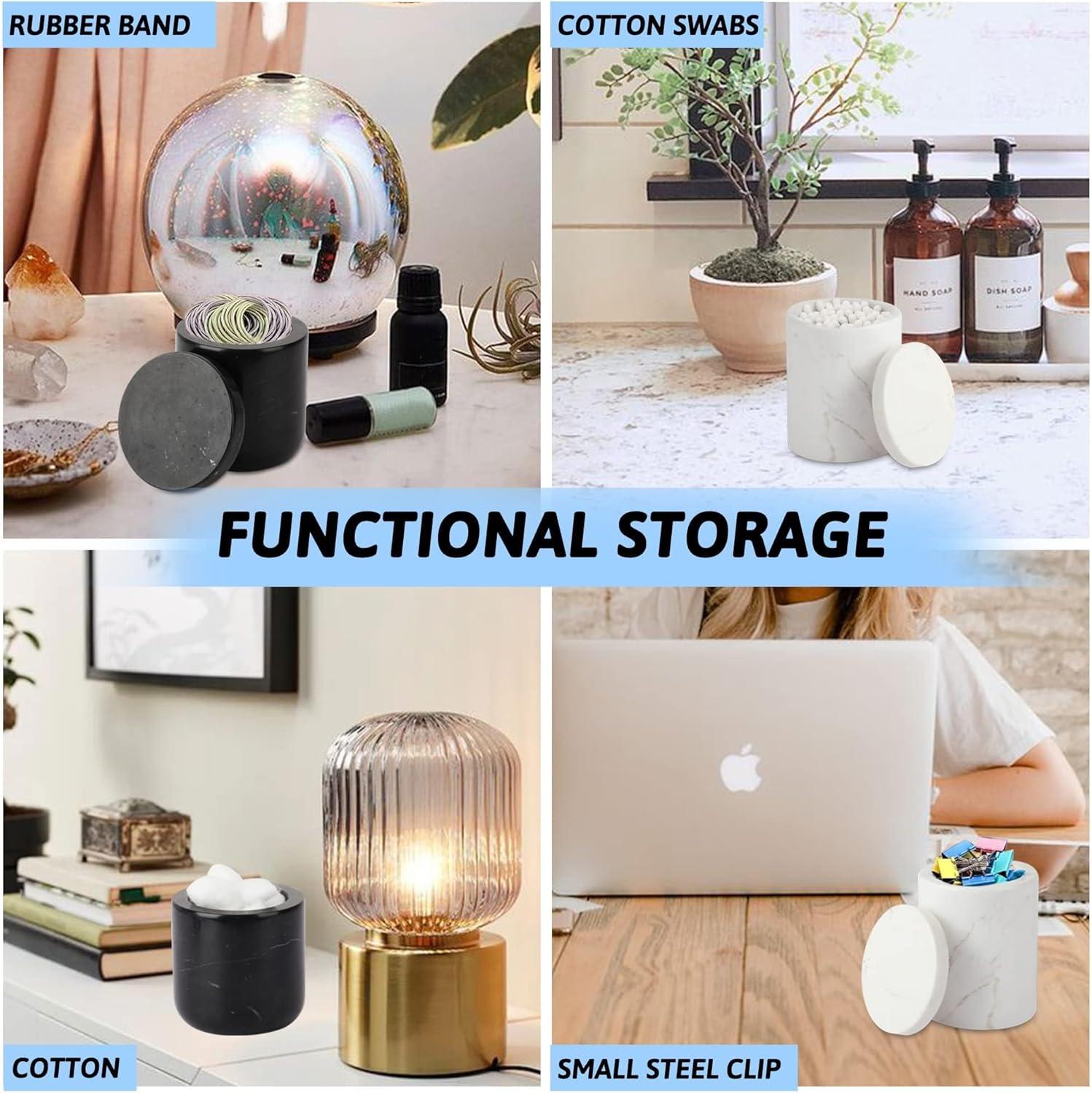 WORHE Contenedor de mármol con tapa, soporte natural para hisopos de algodón, bolas, almohadillas, púas de hilo dental, sales de baño, organizador
