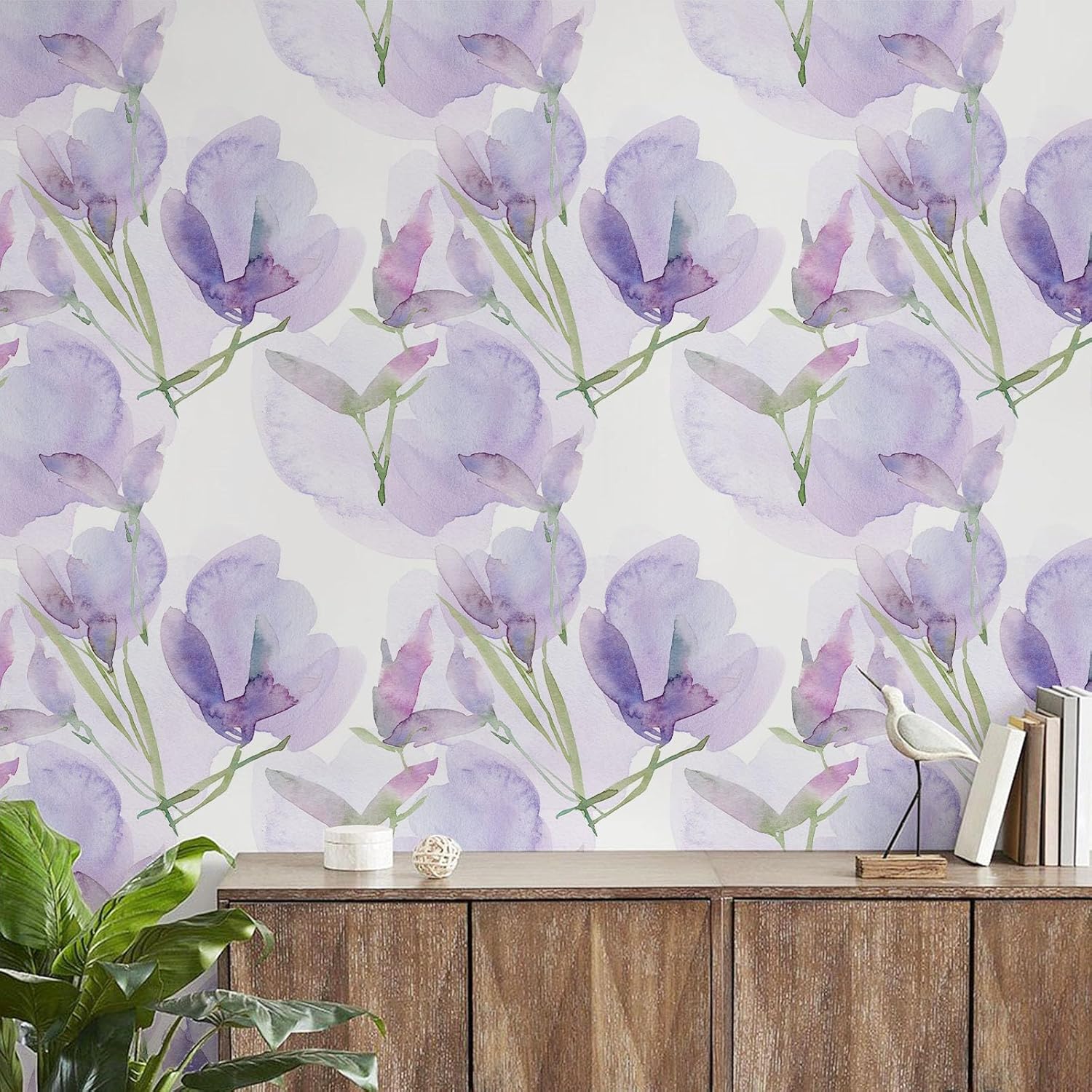 Papel tapiz de vinilo autoadhesivo para despegar y pegar, extraíble, hojas blancas y moradas, estilo bohemio, fácil de despegar, para dormitorio,