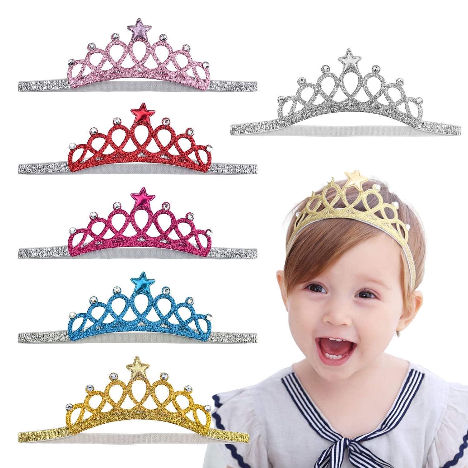 DonLeeving Paquete de 6 diademas de tiara con purpurina para niñas, bandas elásticas para el pelo de princesa para niños pequeños