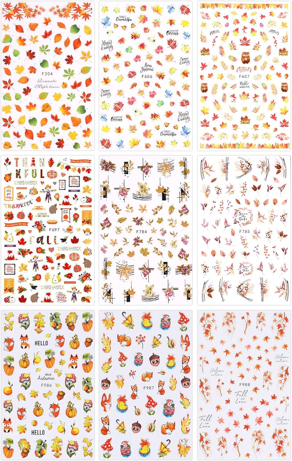 JMEOWIO 9 hojas de calcomanías de arte de uñas de otoño y otoño, calcomanías autoadhesivas para uñas, calabaza, hoja de arce, Acción de Gracias,