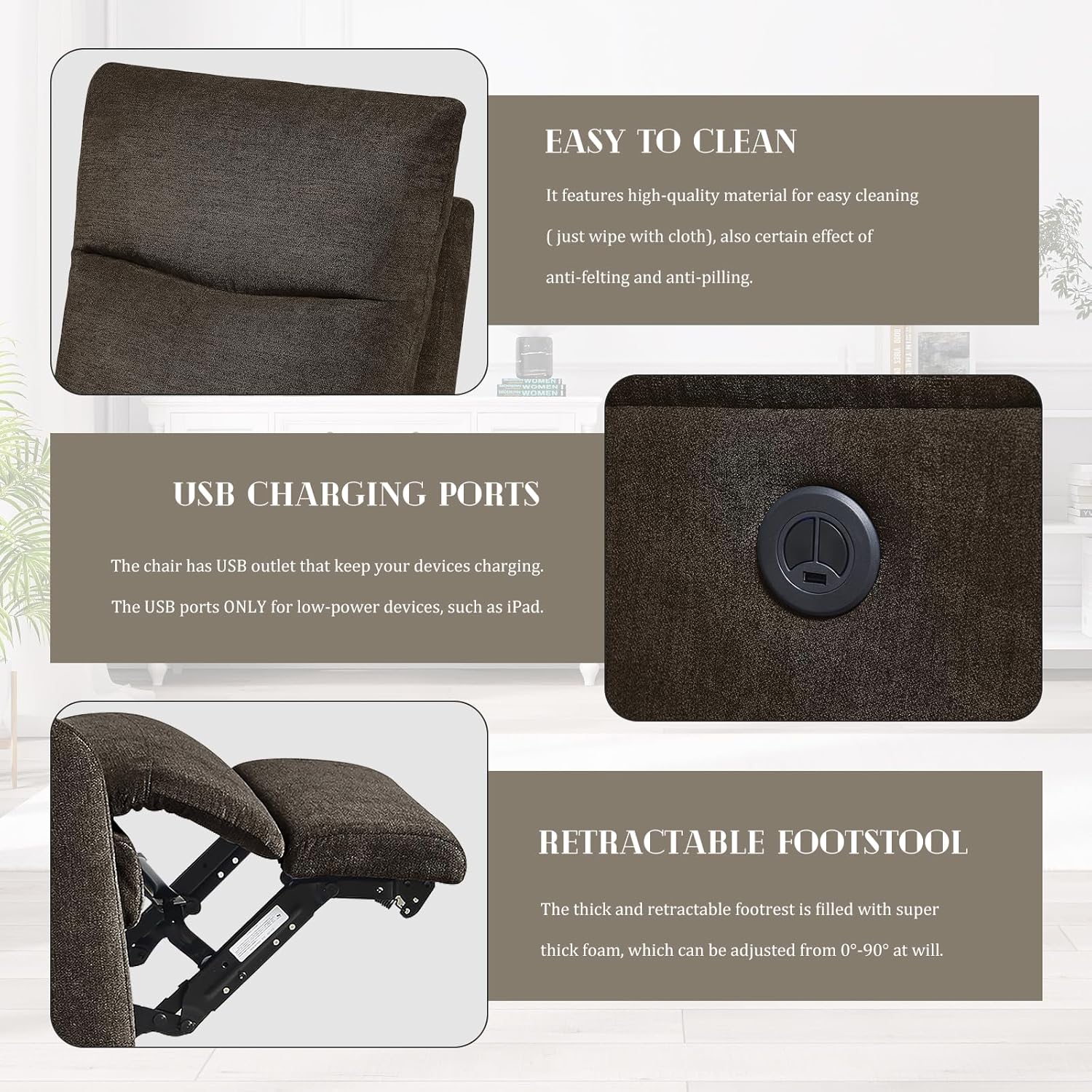 SoarFlash Power Recliner Chair for Living Room, Adjustable Home Modern Fabric Recliner Chair with USB Charge Port, Recliner Single Chair for Small