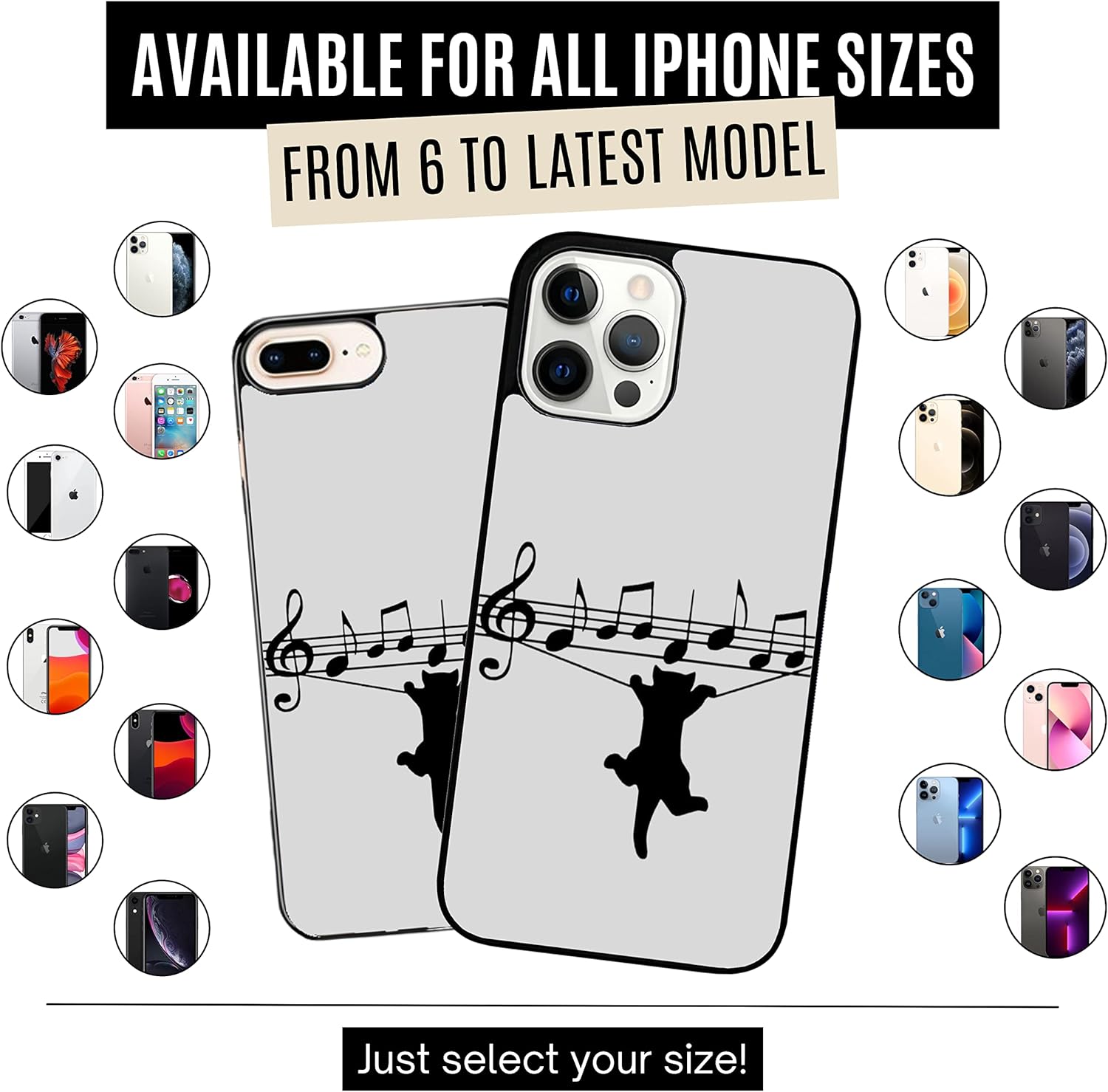 Funda estética de músico con notas musicales de color gris para amantes de los gatos negros, compatible con iPhone 14, funda delgada de goma TPU