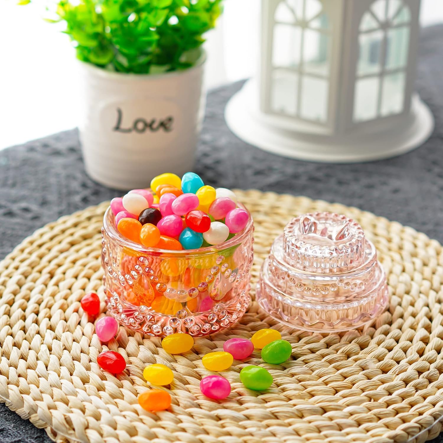 Platos de cristal decorativos para dulces, tarro de caramelo de cristal en forma de pastel rosa con tapas, cuenco para dulces con tapa, contenedor