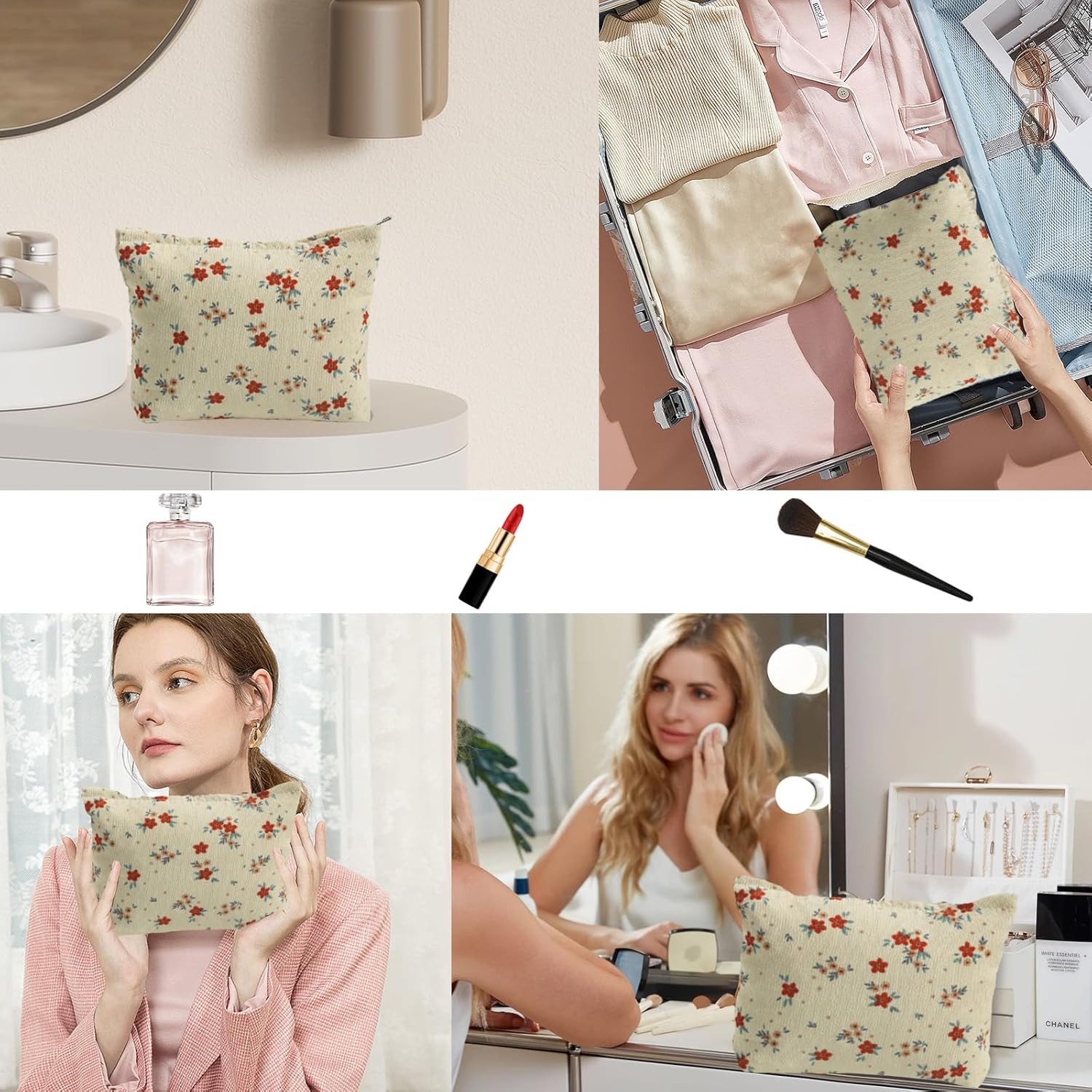MHDGG Bolsa de maquillaje para mujer, bolsa de cosméticos floral de gran capacidad, bolsas de maquillaje, bolsas de maquillaje para mujer, bolsos de