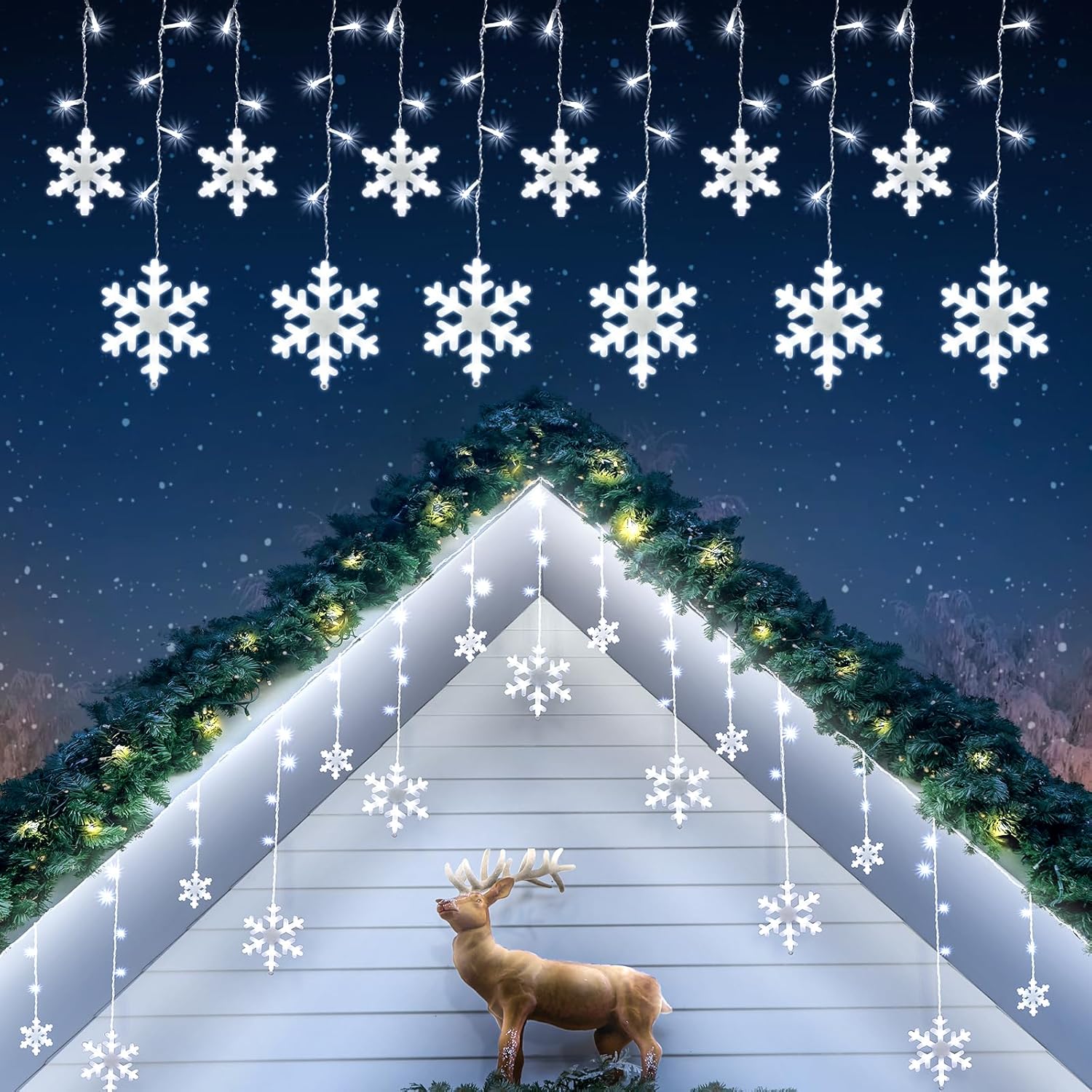 Aulanto Luces de Navidad para exteriores, luces de copo de nieve, 16.73 pies, 240 luces LED de copo de nieve, impermeables, con 20 gotas, 8 modos de