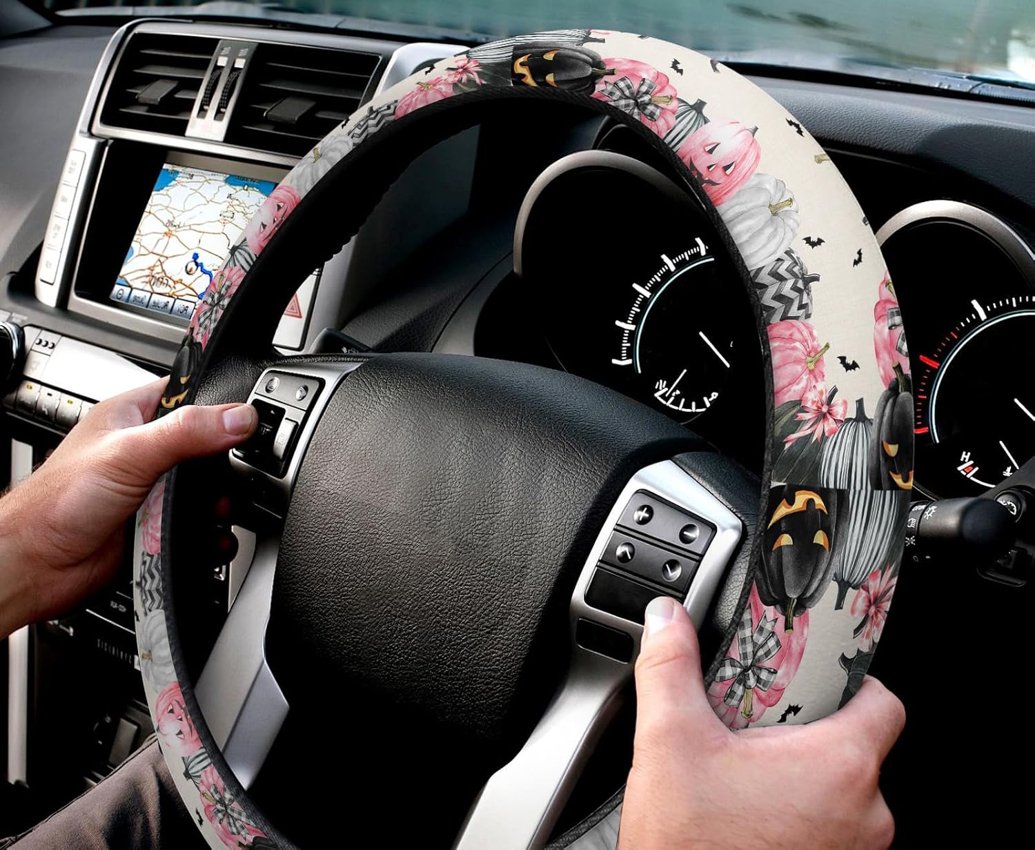 Car Steering Wheel Cover, Pink Striped Pumpkin Halloween Elastic Stretch Sponge Steering Wheels Protective Cover for Vehicles Trucks SUVs Universal