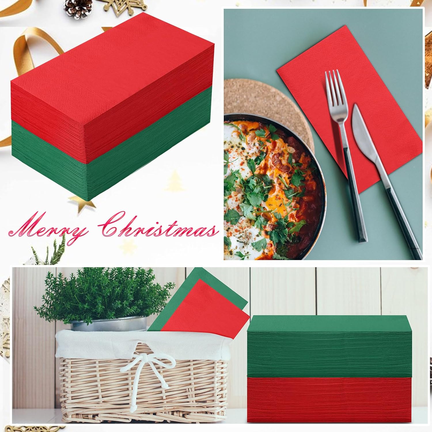 Teling 100 servilletas de Navidad desechables de papel rojo y verde para cena de Navidad, servilletas de mano para cena de Navidad para el hogar,