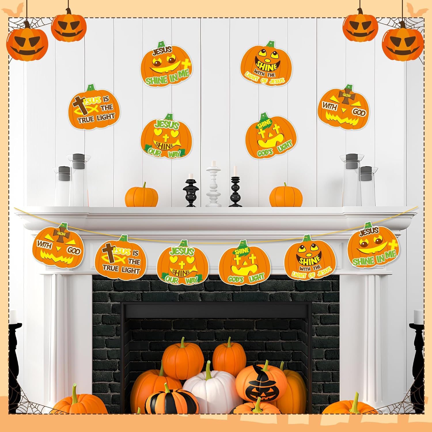 Juego de 30 adornos colgantes de calabaza cristiana de Jesús para Halloween, divertidos recortes de calabazas con cuerdas, decoración de cruz de