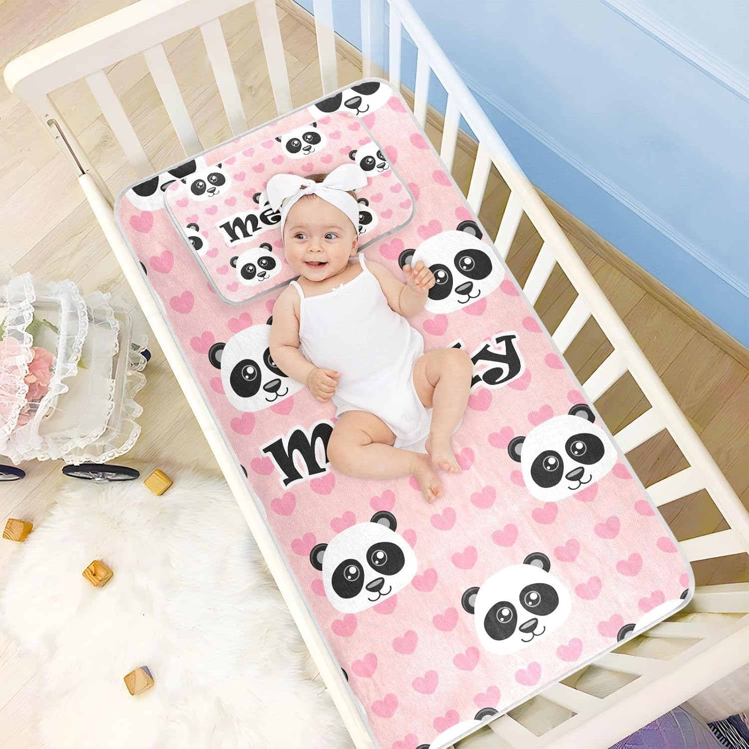 Custom Cute Cartoon Panda Pink Crib Mattress Protector Pad for Boys Girls Baby Ice Silk Mat Bed Pack and Play Sheets Cooling Mattress Topper for
