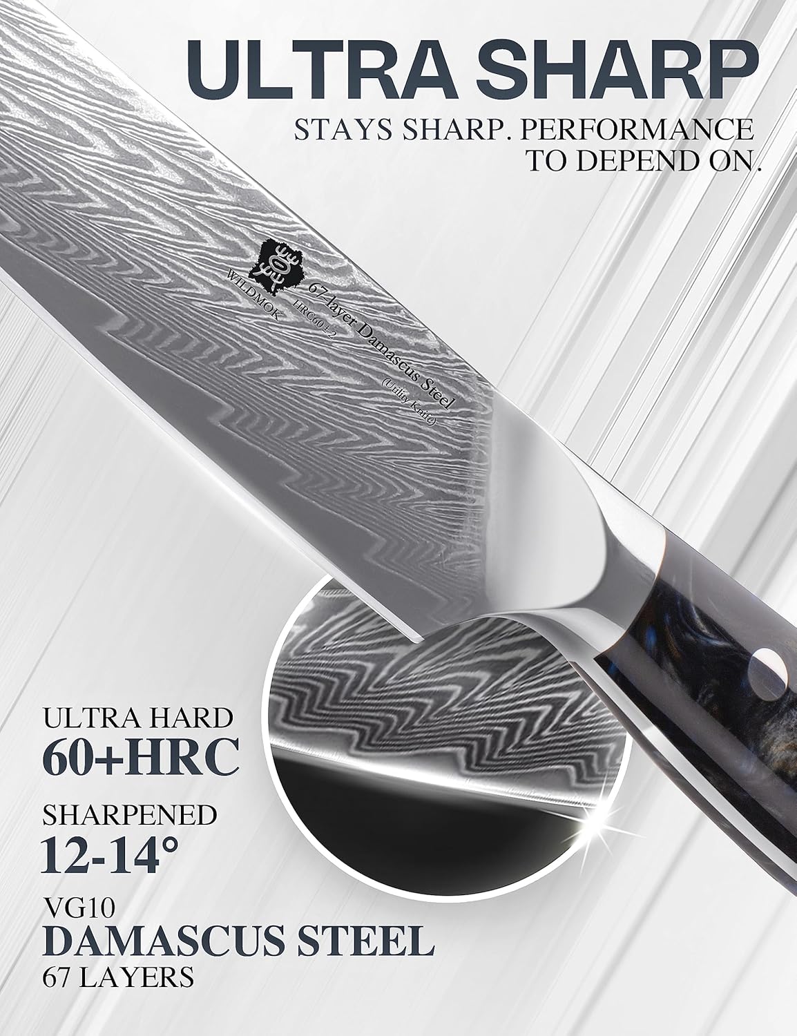 WILDMOK Cuchillo de cocina de 5 pulgadas, Damasco Japón VG-10, cuchillo de cocina de acero afilado, mango ergonómico de resina de color, caja de