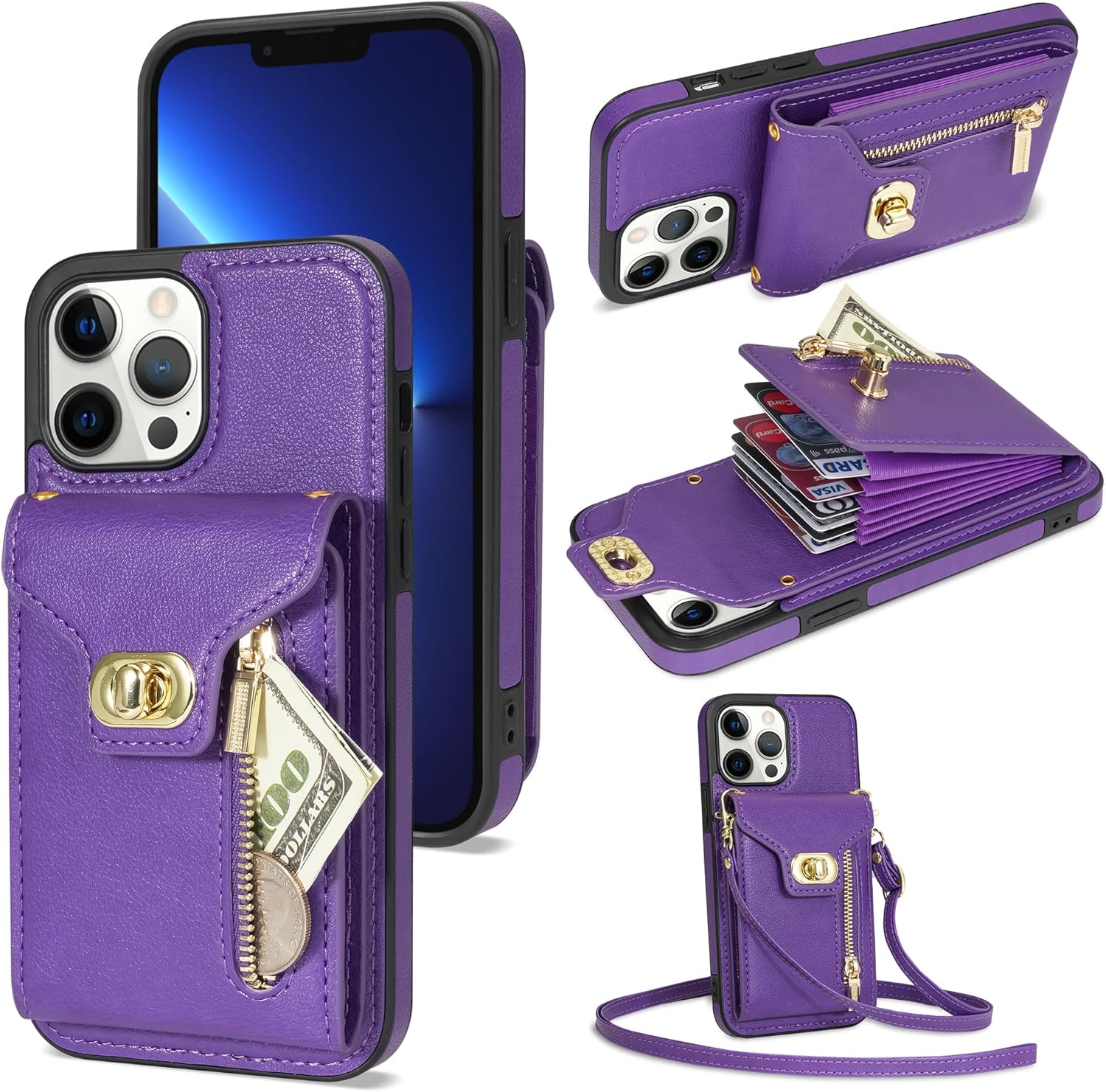 Funda de teléfono para iPhone 12 Pro Max 6.7 Funda tipo cartera con soporte para tarjeta de crédito, ranura con cremallera, correa cruzada, cordón