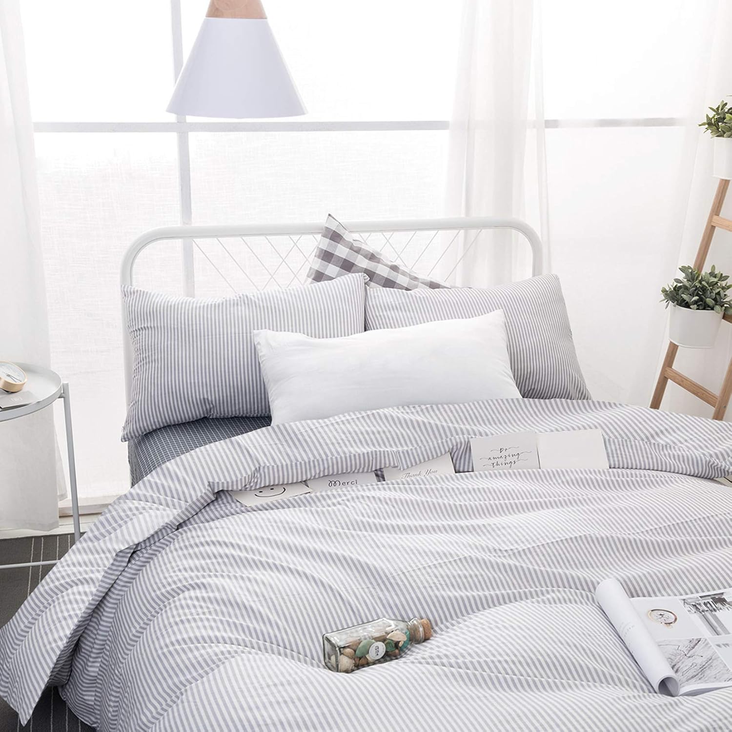 Wake In Cloud – Juego de edredón gris y blanco Cal King, juego de ropa de cama ligero de algodón de 3 piezas para hombres y mujeres, diseño de rayas