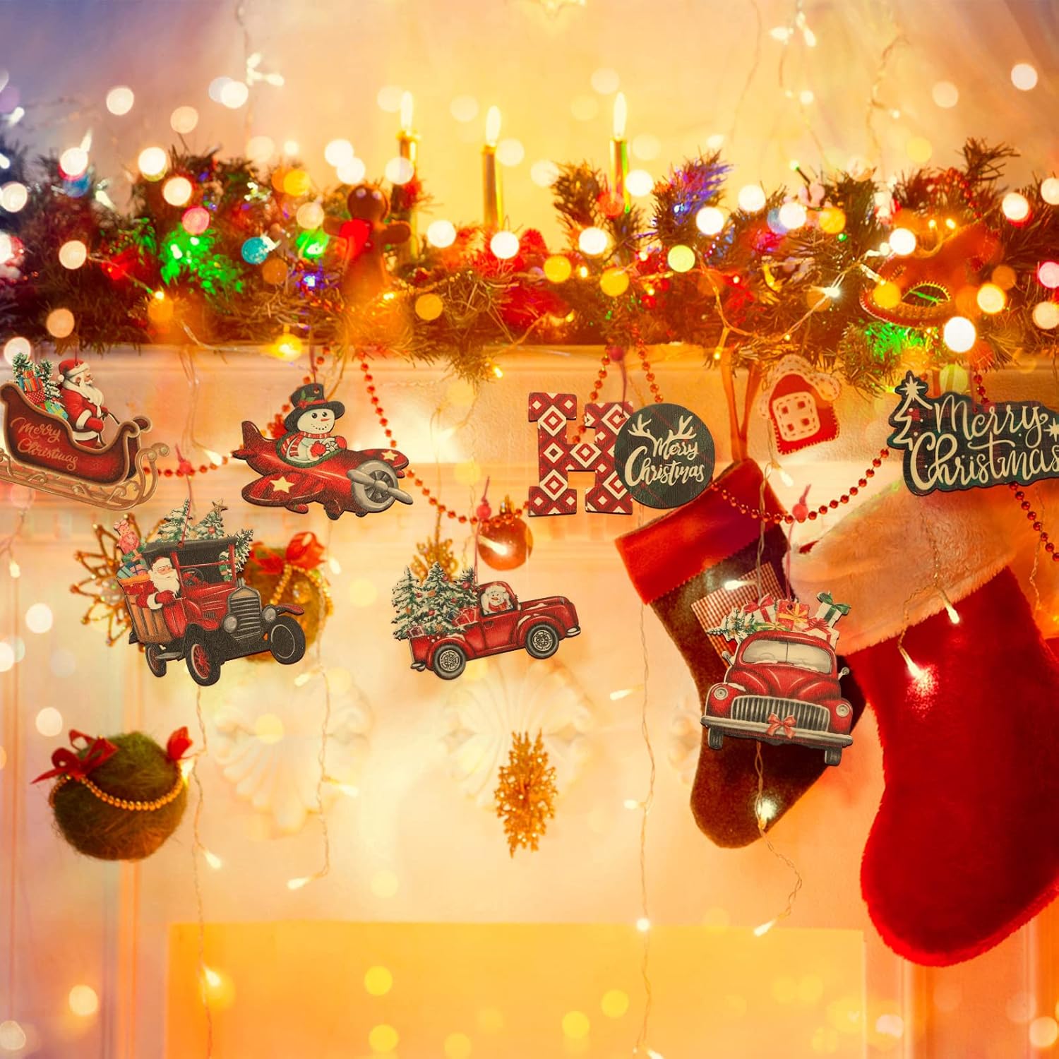 24 adornos navideños de madera, camión rojo de madera, árbol de Navidad, manualidades colgantes para casa de campo, decoración de fiestas,